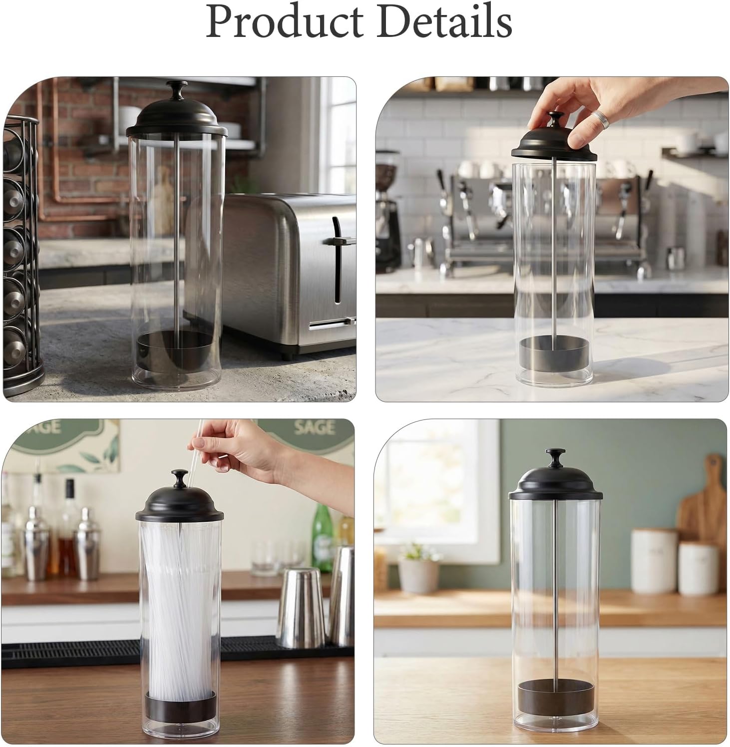 2pcs Straw Holder for Standard Size Drinking Straws, Dispenser for Counter with Lid Space Saving Kitchen Utensil Storage Transparent