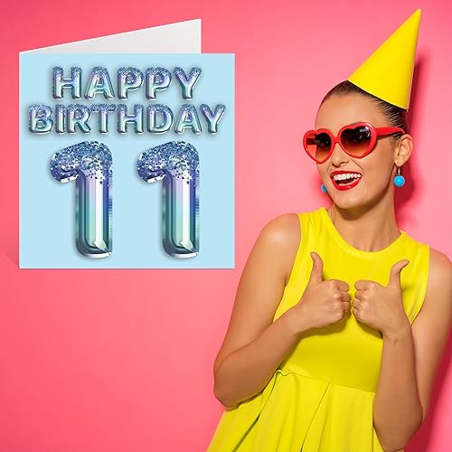 Miniatura 7 de Stuff4 Tarjeta de cumpleaños número 11 para niños, globo de fiesta con purpurina azul, tarjetas de feliz cumpleaños para niño de 11 años, nieto,