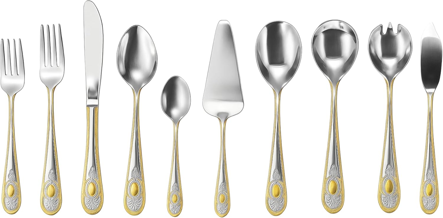 40 Piece Flatware Set - Includes 5 Piece Hostess Set - Vintage Design Handle with Gold Detailing - 18/10 Stainless (45 Piece, Lucca)