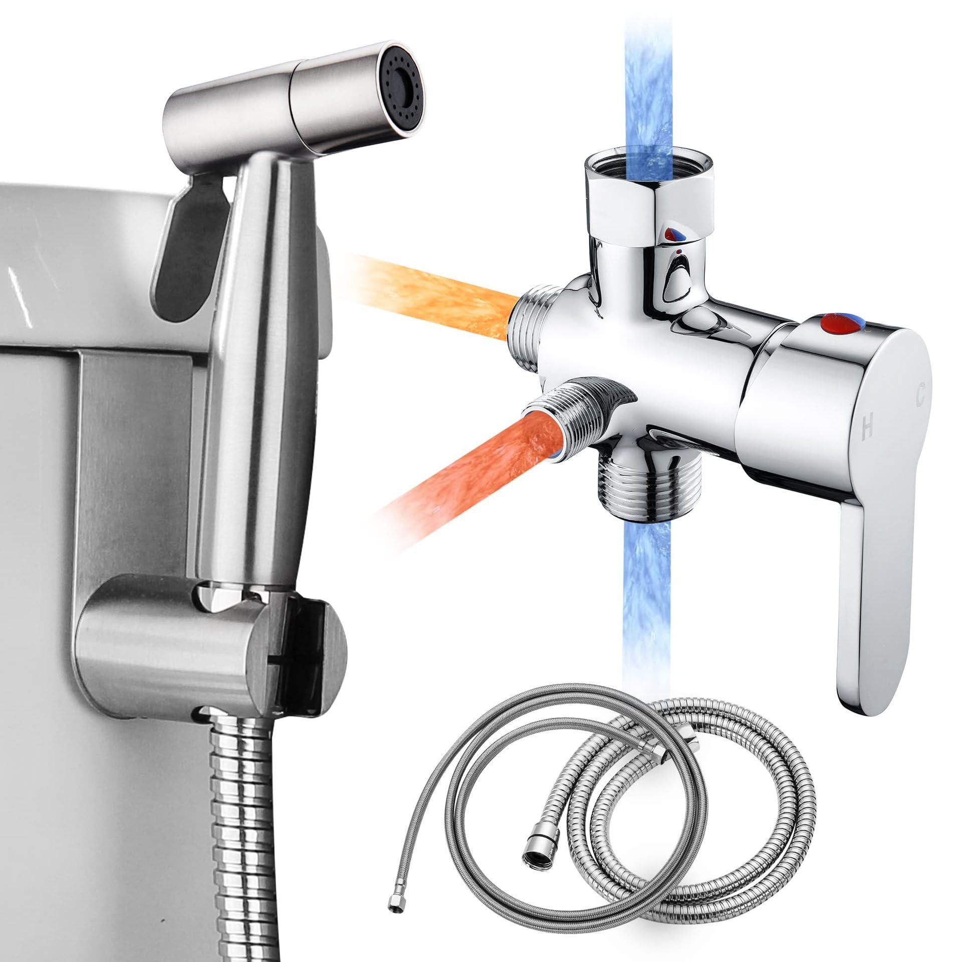 Handheld Stainless Steel Toilet Bidet Sprayer, Burst-Proof Hose with Cold & Hot Water, Adjustable Pressure for Feminine Care, Pet Bathing & Cloth Diapers