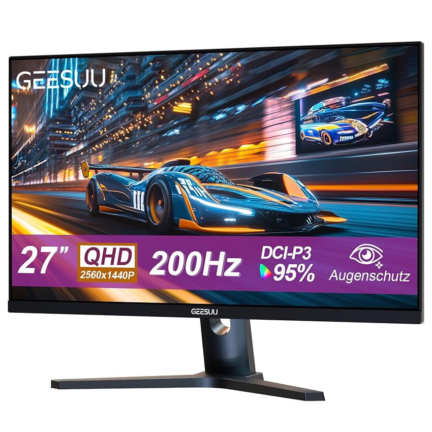 GEESUU Monitor Gaming 27 Pollici, PC Schermo Computer 200Hz, QHD 1440p, IPS, 95% DCI-P3, Bassa Luce Blu, Azzurro, Lampeggiante, HDMI 2.1 & DP 1.4