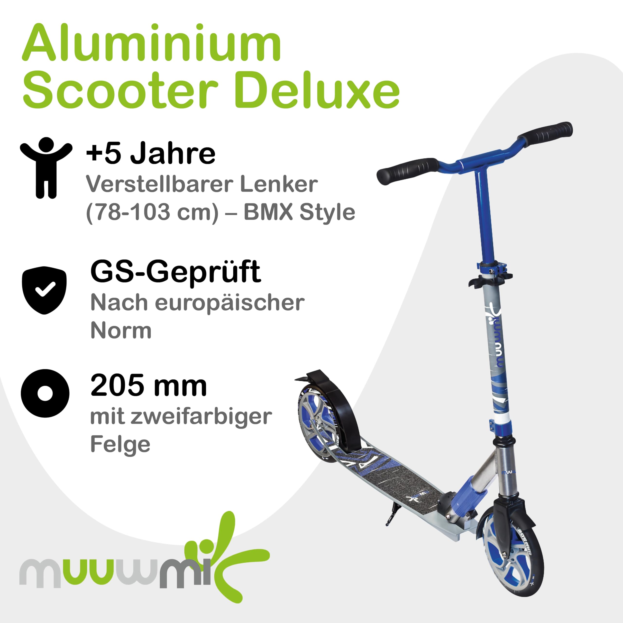 muuwmi Aluminium Scooter Deluxe – Tretroller, 205 mm, ABEC 7, für Kinder und Erwachsene, GS geprüft, höhenverstellbar