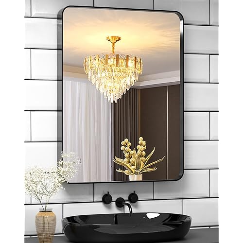Black Bathroom Mirror for Wall, 30x22 Inch Rectangular Black Metal Framed Mirror for Over Sink, Modern Wall Mounted Vanity Mirror for Bathroom, Vertical or Horizontal