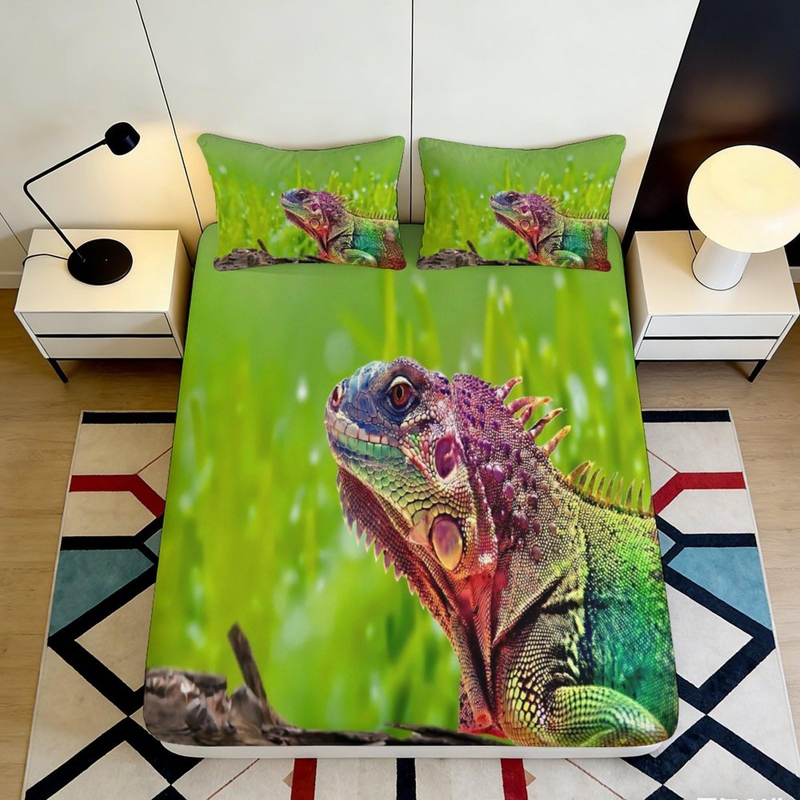 3D Printed Lizard Jungle Fitted Sheet Microfiber Soft NonSlip Iguana Forest Mattress Cover Bedroom Decor 90x200x25cm
