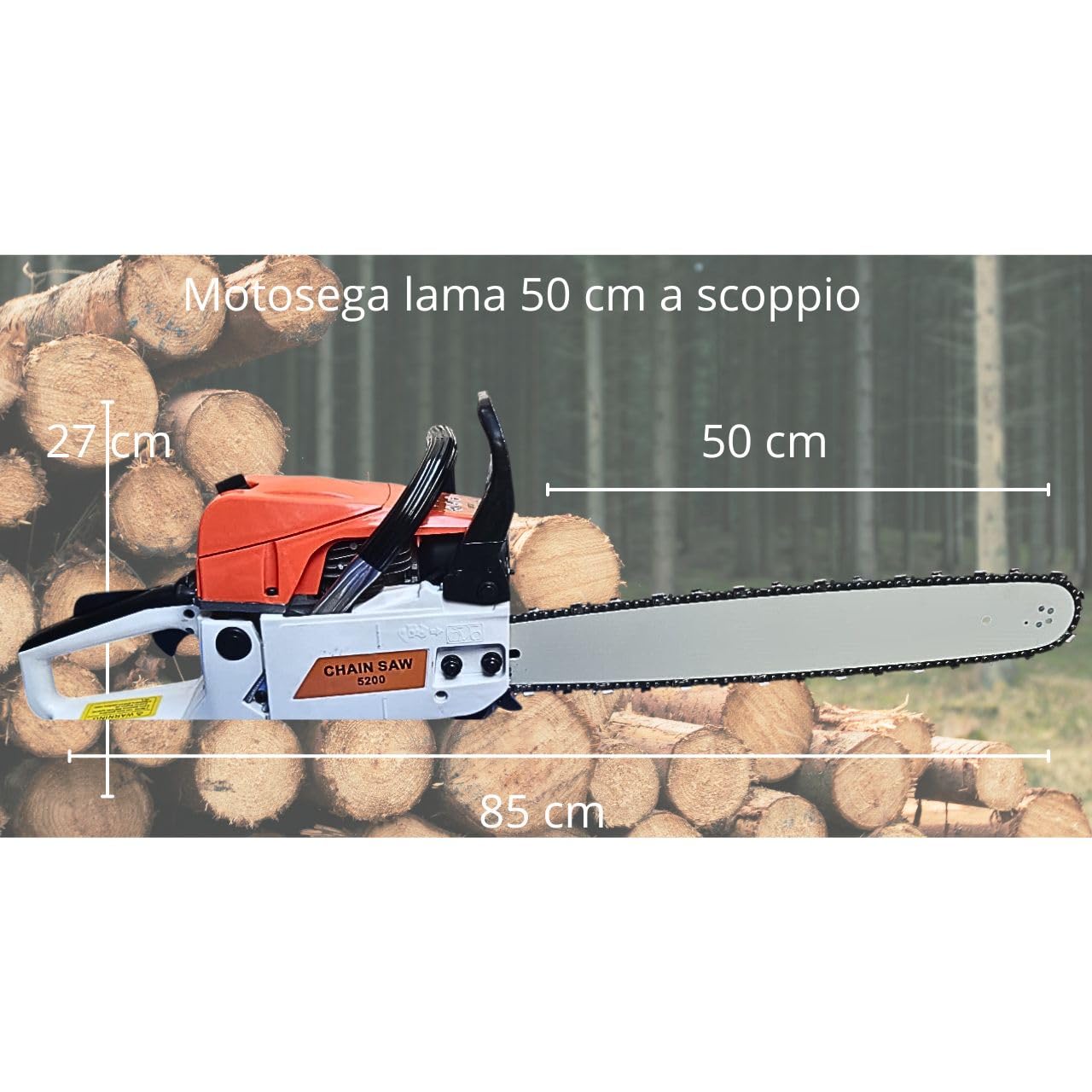 Motosega a Scoppio Lama 50 cm,Motore 2 tempi 52 cc, Potente, Affidabile, Taglio Preciso, Ideale per Taglio Legna, Potatura e Abbattimento