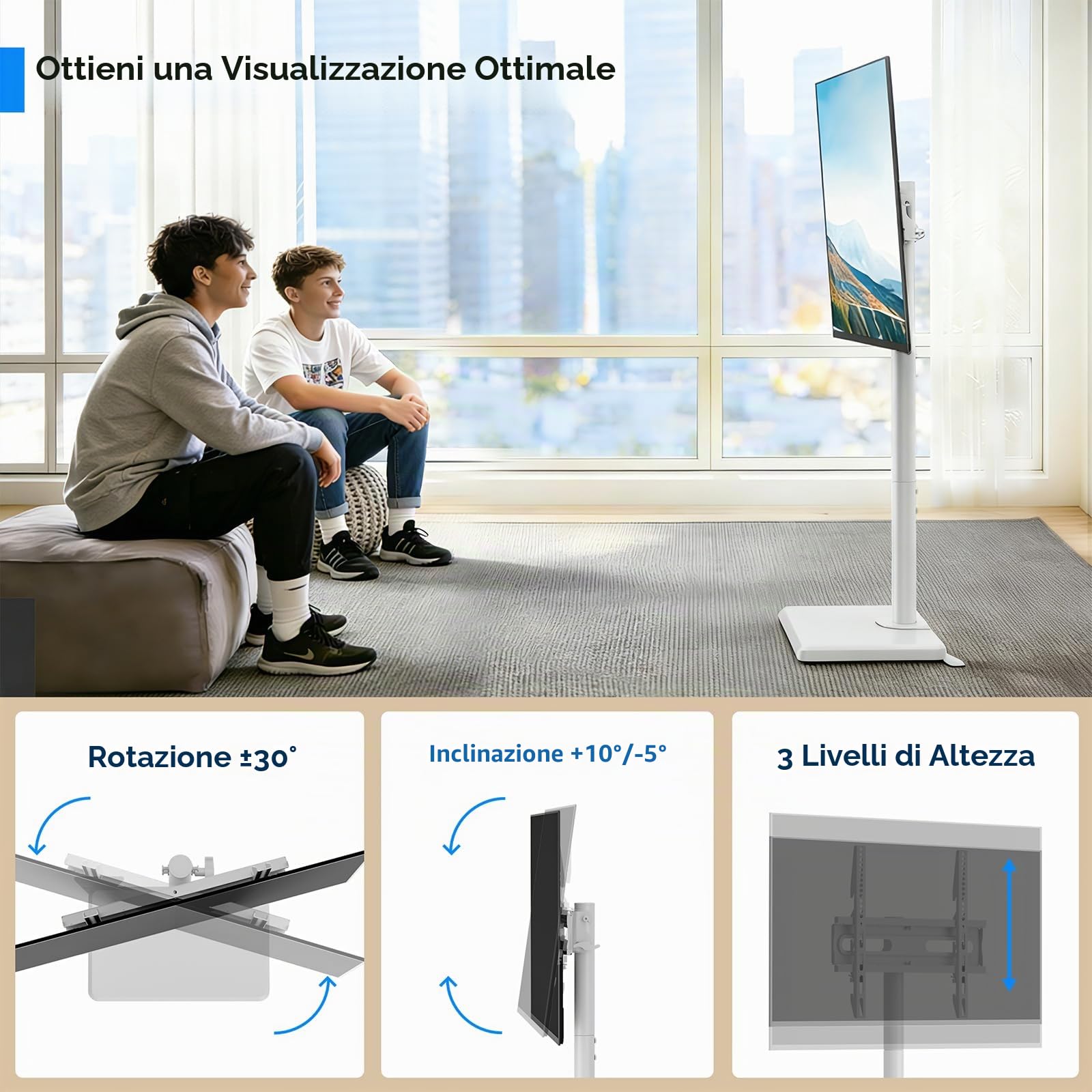 AX WABER Supporto TV da pavimento con staffa per televisori da 26-55 pollici fino a 77 libbre, supporto TV inclinabile e girevole regolabile in altezza con base in legno, bianco