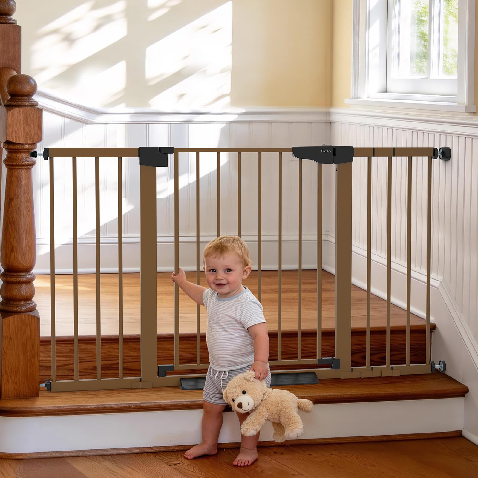 Cumbor 2-Pack Baby & Dog Gates Bundle, 29.7-46" & 30-54" Extra Wide Safety Gates for Stairs Doorways Hallways, Dual Lock Auto Close Easy Install Pet Gate, Brown