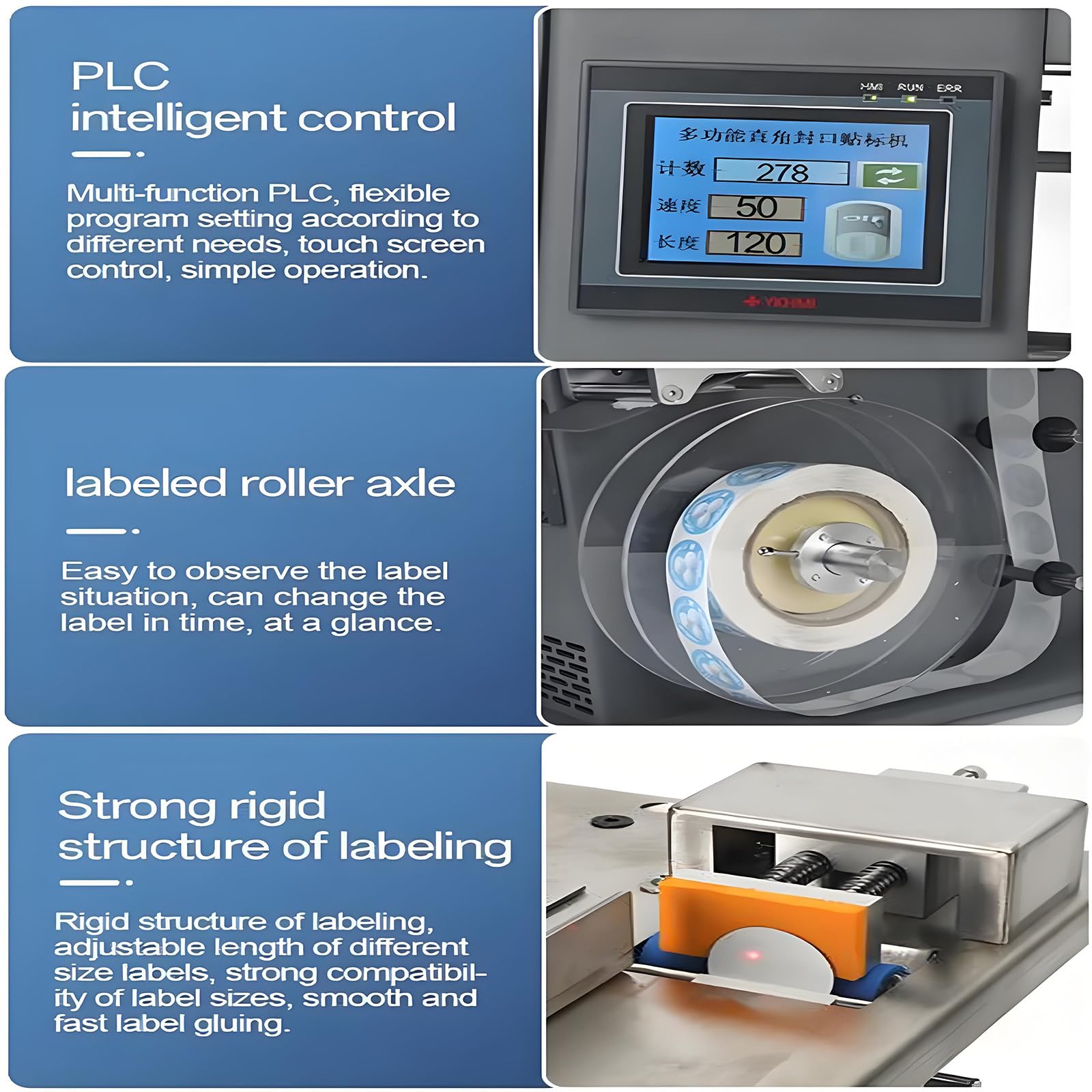 Etichettatrice semiautomatica ad angolo retto, applicatore di etichette angolari a 90 ° con controllo PLC, touch screen, precisione ± 0,5 mm, 15-30 pezzi/min per imballaggi cosmetici ed elettronici