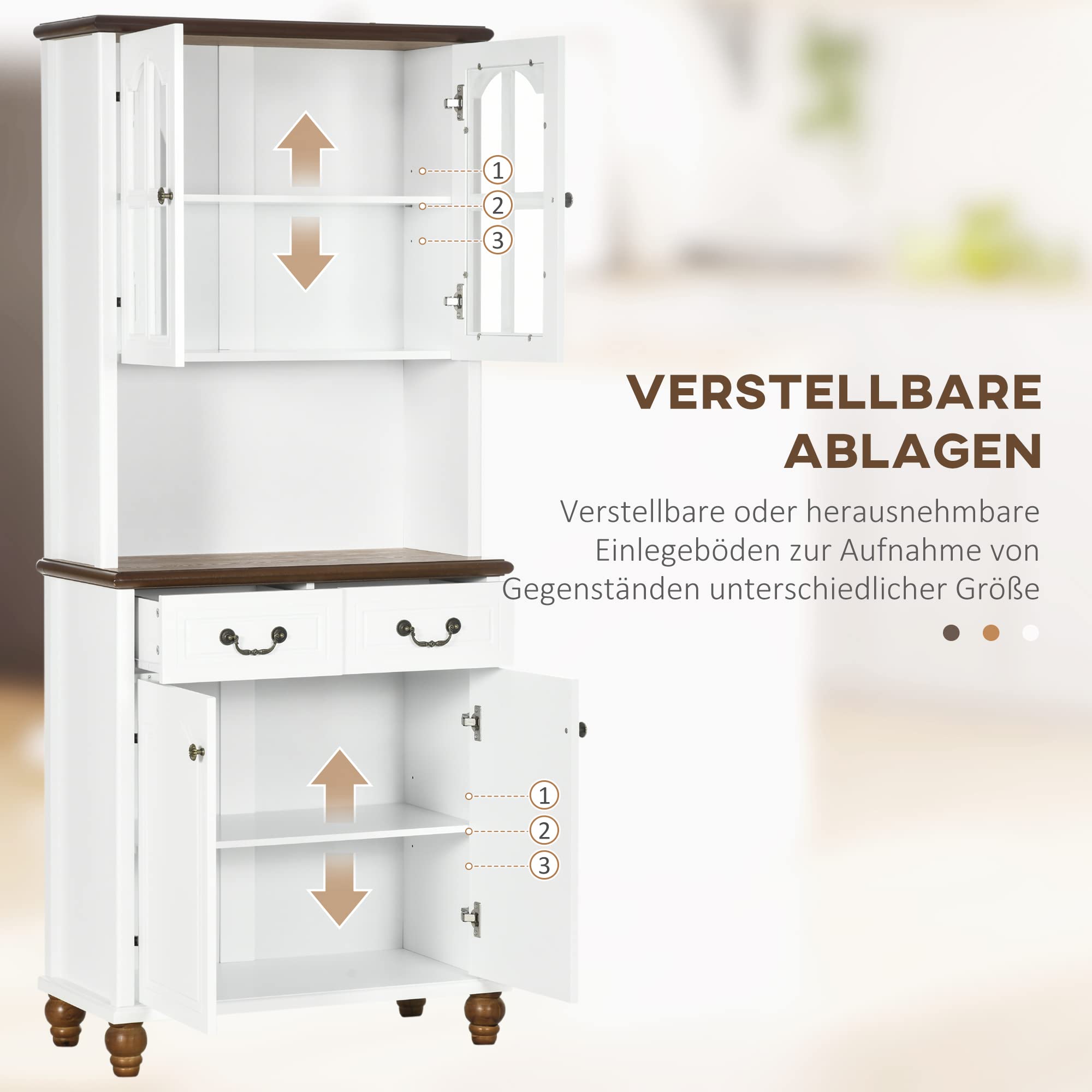HOMCOM Küchenschrank Hochschrank mit Arbeitsplatte Weiß 76 x 38 x 182 cm | 4 Türen, 2 Schubladen, Buffetschrank, Mikrowellenschrank, Verstellbare Ablagen, Soft-Close-Funktion