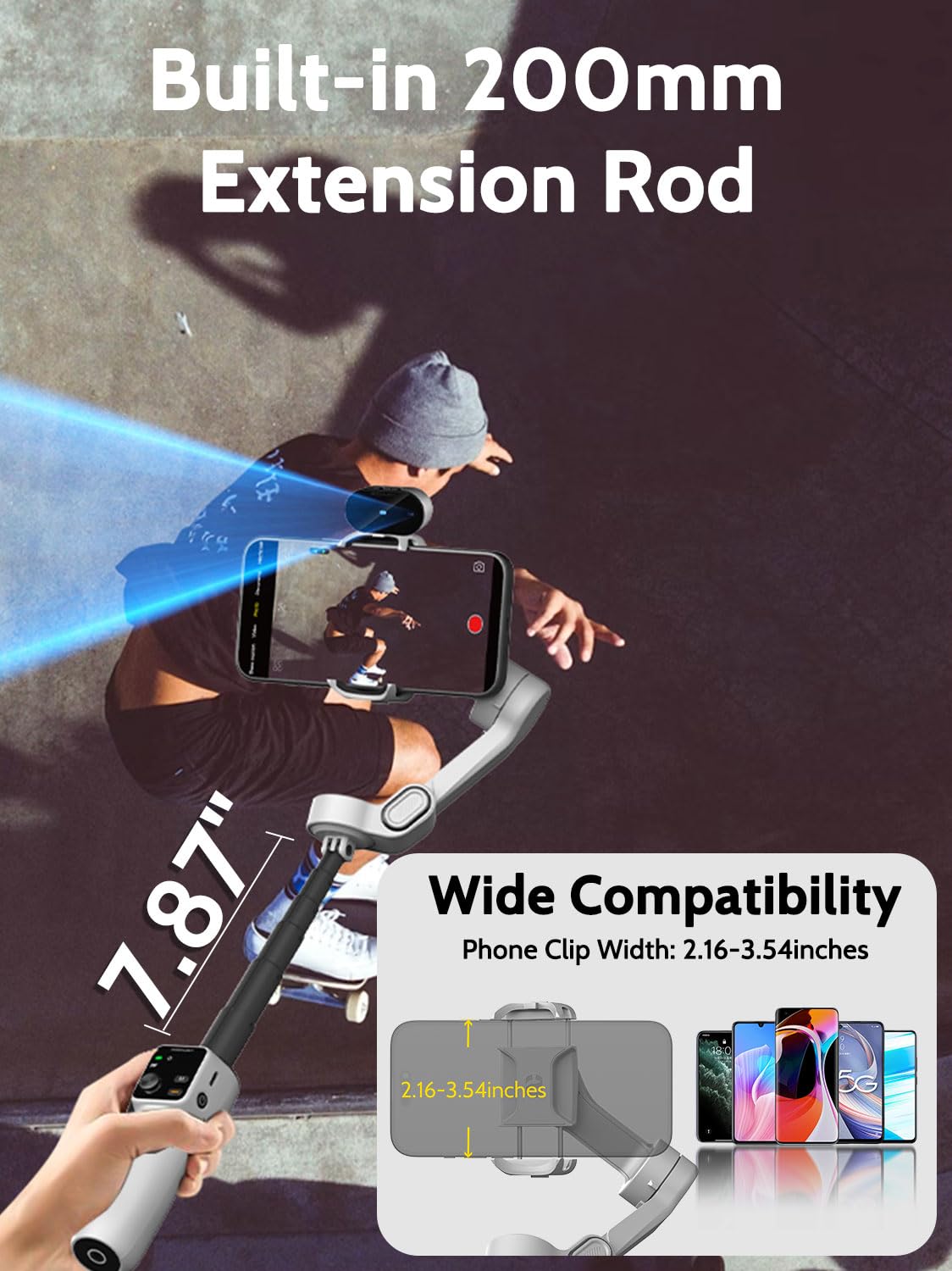 AOCHUAN Estabilizador de cardán para grabación de video, cardán de smartphone de 3 ejes con sensor de seguimiento de IA para vlogging, barra de extensión de 7.8 pies, botón de disparo, YouTube Tiktolk