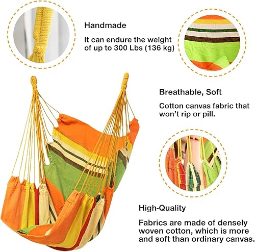 Miniatura 2 de Hommtina Silla hamaca colgante con cuerda, máximo 300 libras silla colgante con bolsillo y durabilidad perfecta para exteriores, hogar, dormitorio,