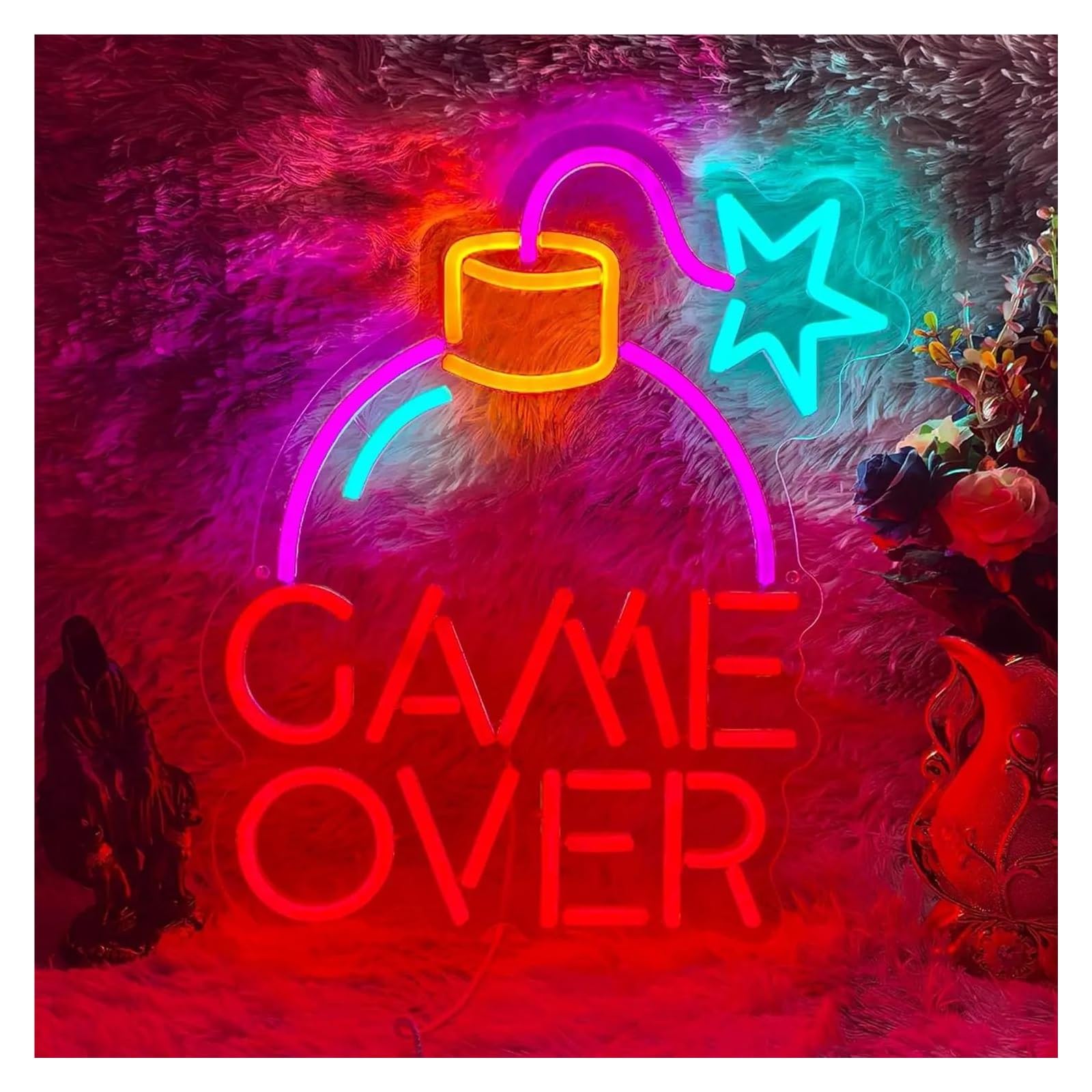 LEMST Signs Lamp Game Over Neon Sign Neon Light Sign USB Dimmable for Teen Game Room Bedroom 31.5x37cm