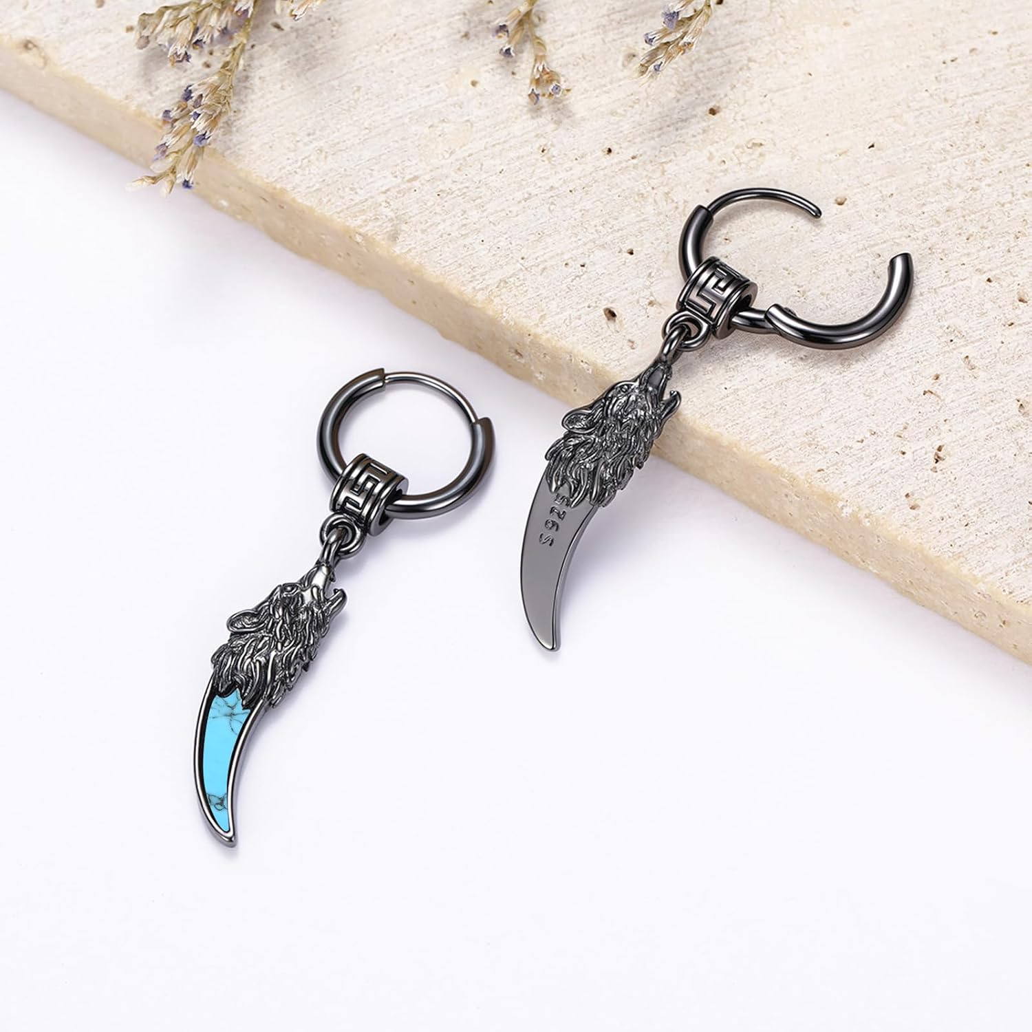 MEDWISE Black Hoop Earrings for Men 925 Sterling Silver Celtic Wolf Earrings Huggie Men's Hanging Abalone Shell Jewelry Gift for Women Men Husband Brother Unisex Birthday Christmas Gifts