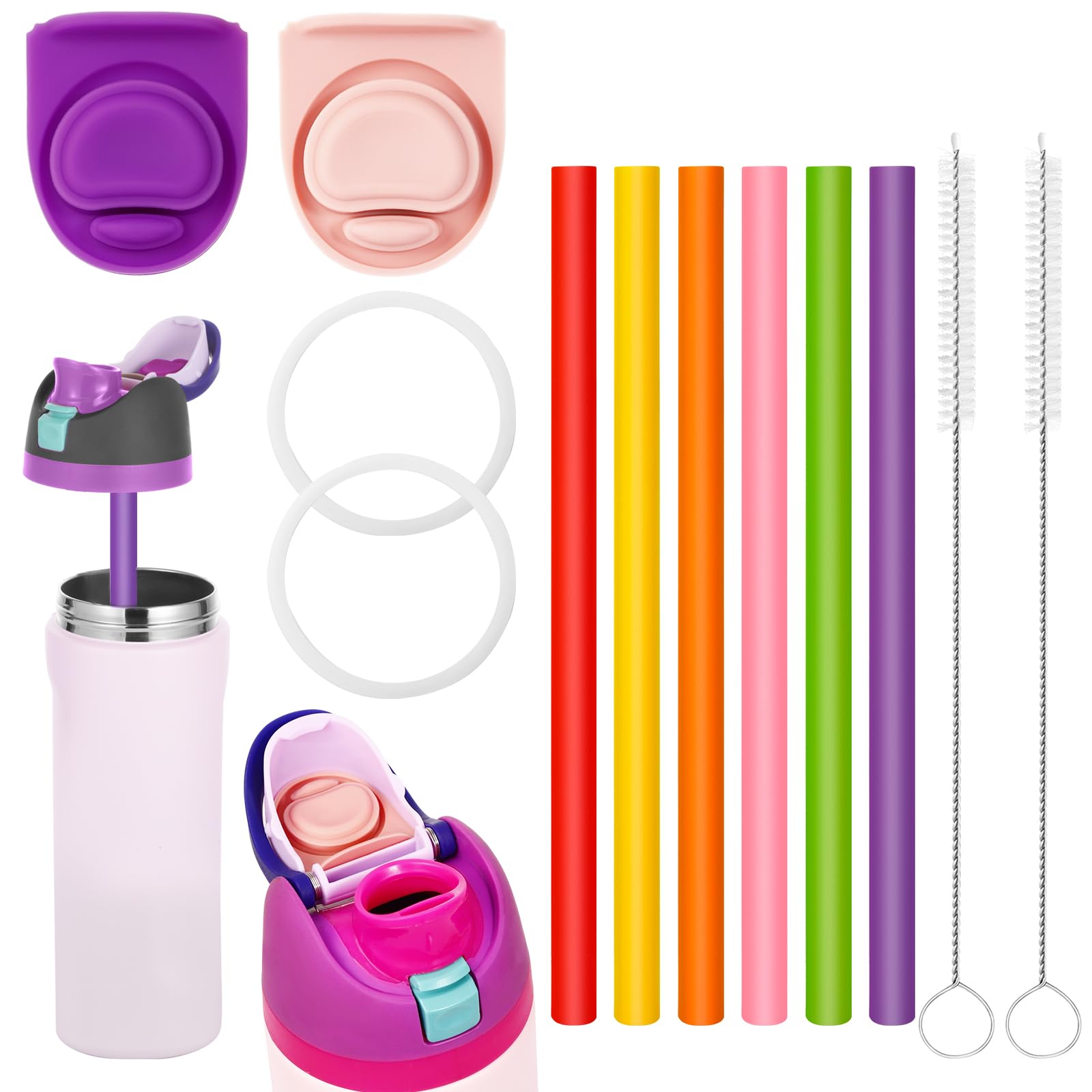 Photo 1 of 12PCS Replacement Straws Compatible with Owala 24oz/32oz with 2 Cleaning Brushes 6 Reusable Silicone Straw 2 Water Bottle Seal Ring 2 Replacement Stopper for Owala Freesip (Colorful)