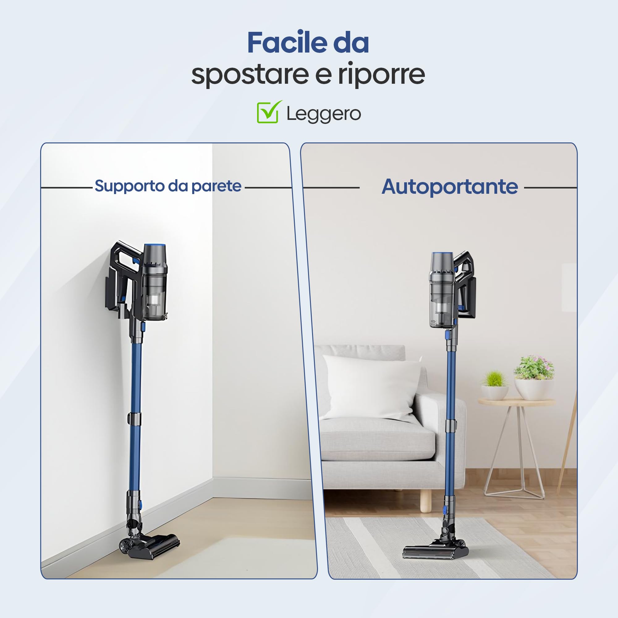 Olvy Aspirapolvere a batteria 2 in 1 – senza fili, senza sacchetto – 35.000 Pa potenza di aspirazione, 5 livelli, Display LED, filtro HEPA
