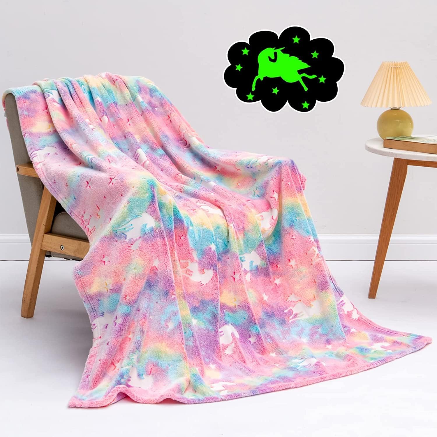 Glow in The Dark Throw Blanket, Luminous Unicorns Blanket for Girls, Super Soft Fuzzy Plush Flannel Furry Fleece Blanket, Perfect for Bed or Sofa, Personalized Kids Gifts (Rainbow Unicorns, 40" x 60")