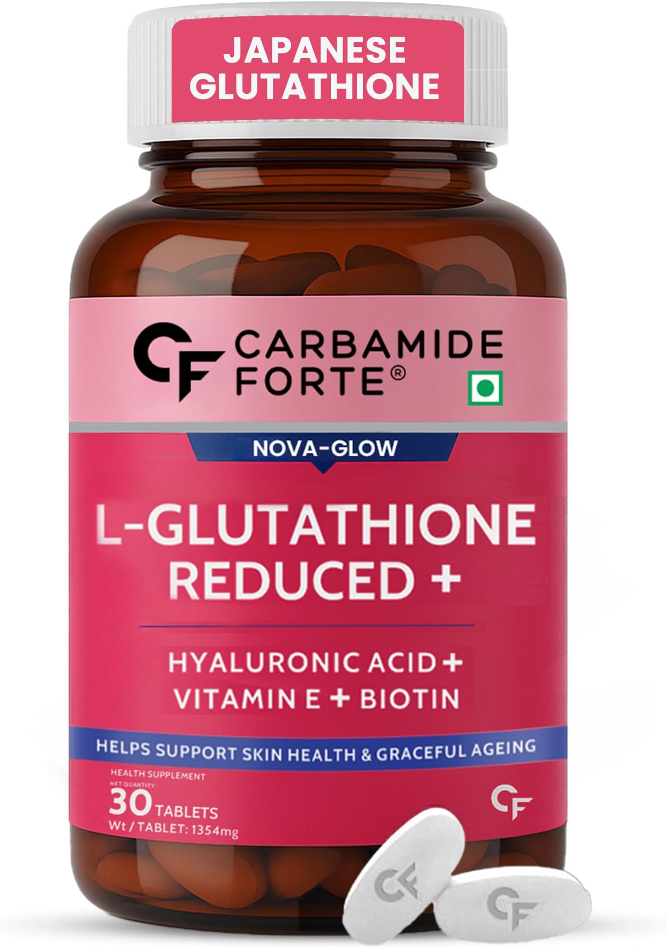 Japanese Reduced L Glutathione 500mg Tablets | L Glutathione with Hyaluronic Acid, Vitamin E, Lycopene & Biotin– 30 Veg Tablets