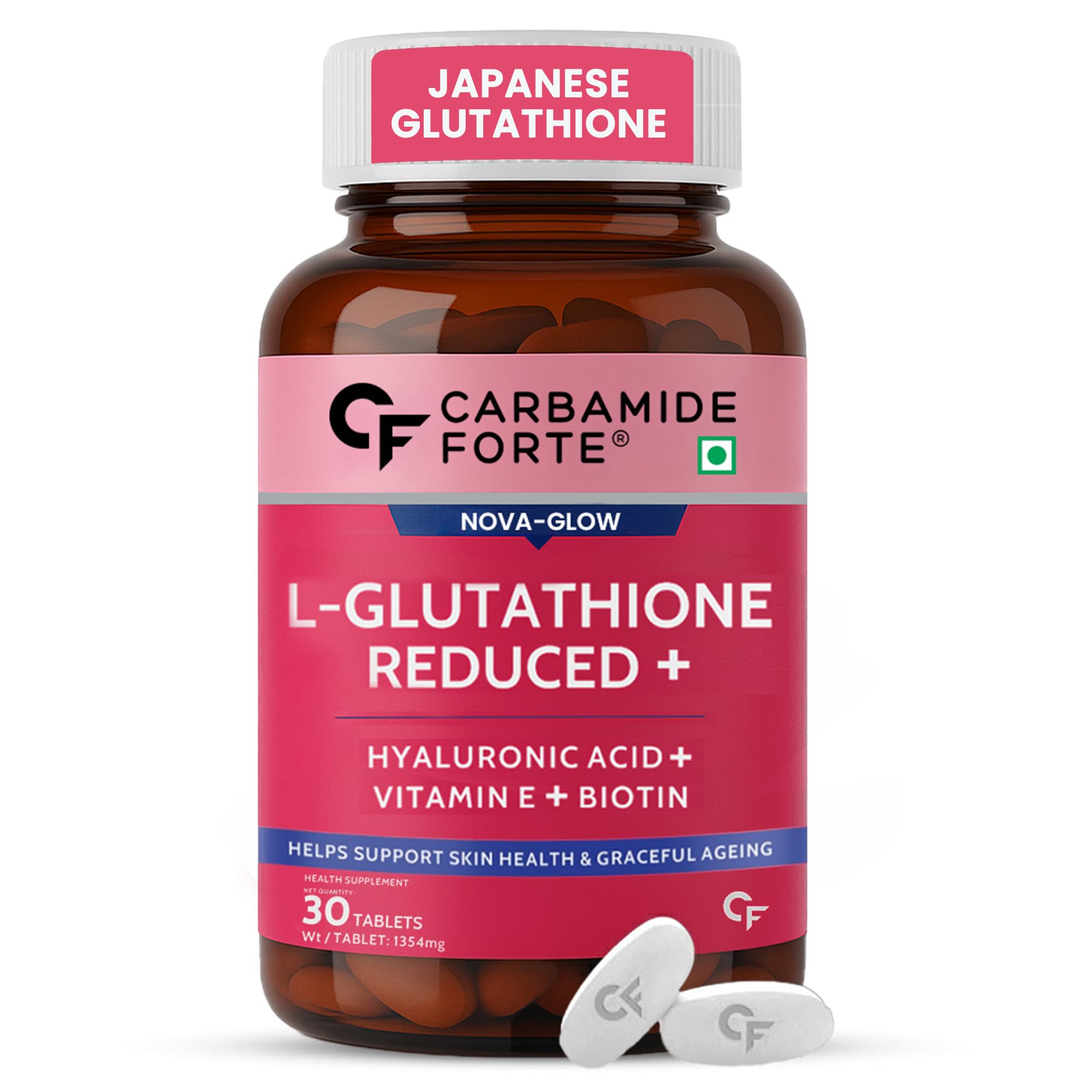 Japanese Reduced L Glutathione 500mg Tablets | L Glutathione with Hyaluronic Acid, Vitamin E, Lycopene & Biotin– 30 Veg Tablets