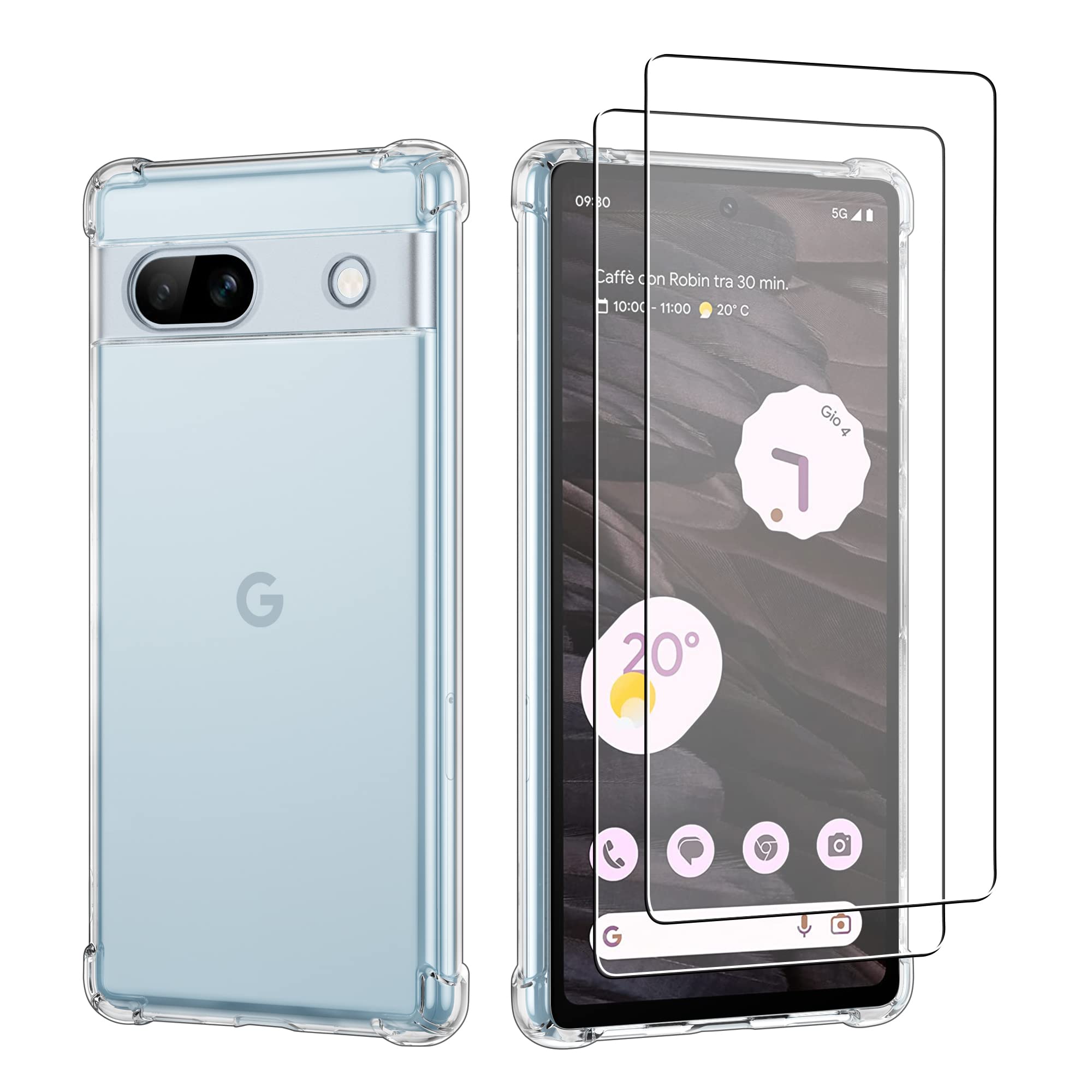 iCatchy Case for Google Pixel 7A Phone, Shockproof Transparent Anti-Scratch Bumper Back Anti Yellowing Cover with 2-Pack Tempered Glass Screen Protector for Pixel 7a