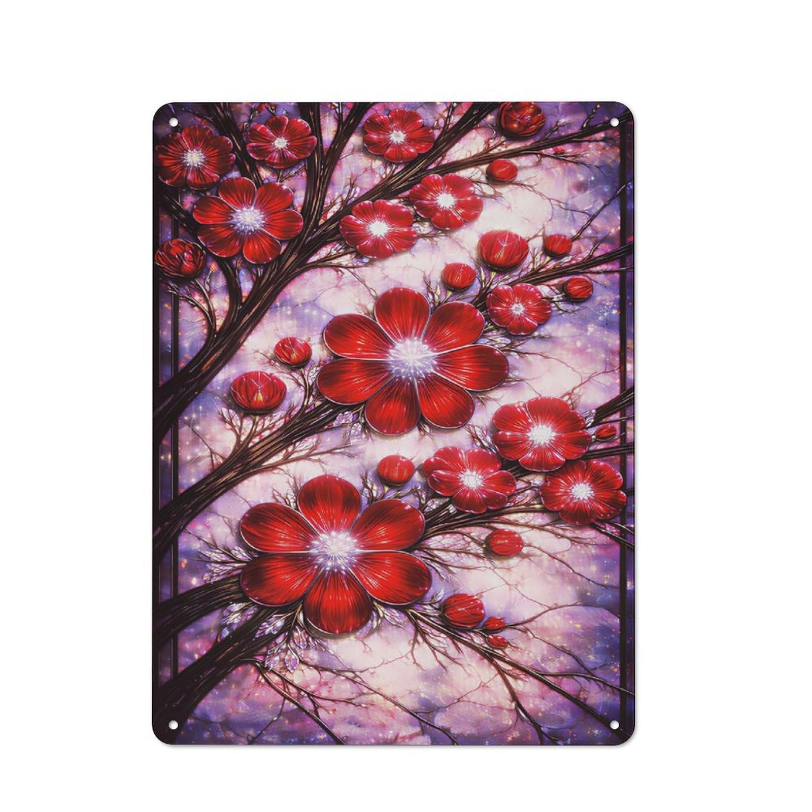 Junmoney Style-10 Red Flowers On Branches Vintage Metal Plaque 40X30cm For Hobby Room Or Studio, For Kitchen, Dining Room And Home Bar Wall Decor
