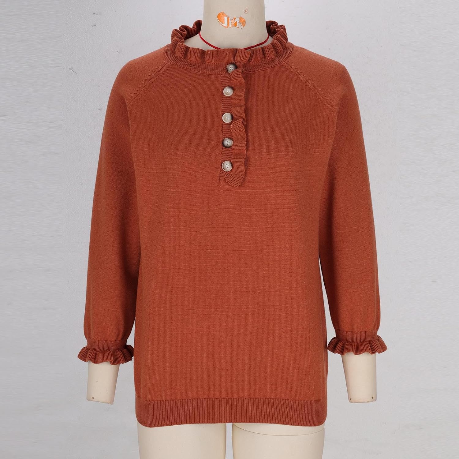 Womens Plus Size Sweaters Fall Casual 3/4 Sleeve Ruffled Trim Button Henley Neck Loose Tops Pullover Winter Jumper