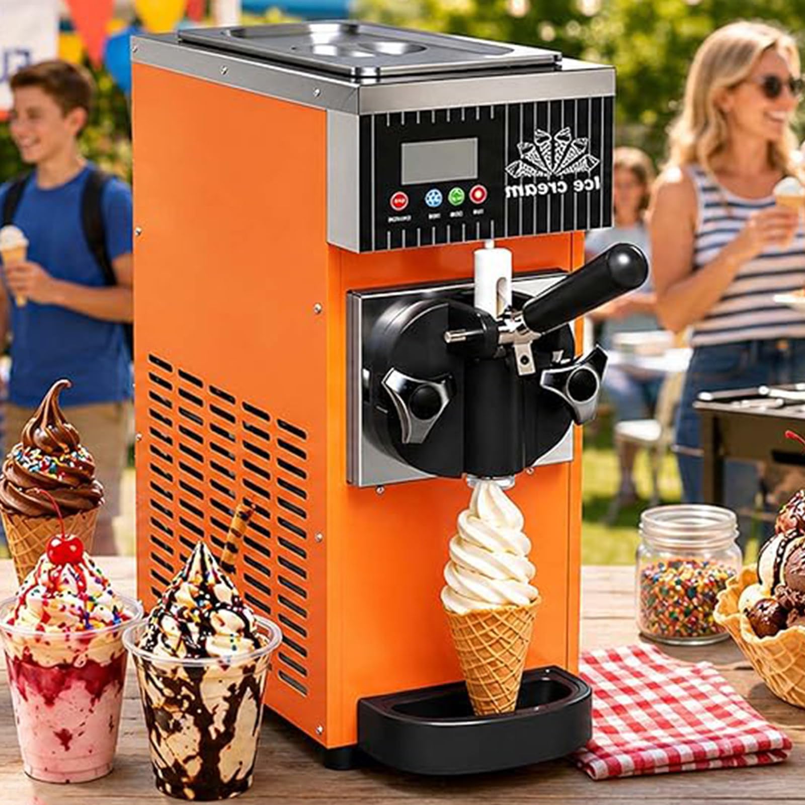 BITYCOW Single-Flavor Ice Cream Machine, 450W Countertop Soft Serve Maker with Adjustable Hardness, LCD Display, Stainless Steel Body, Ideal for Snack Bar and Food Truck Orange