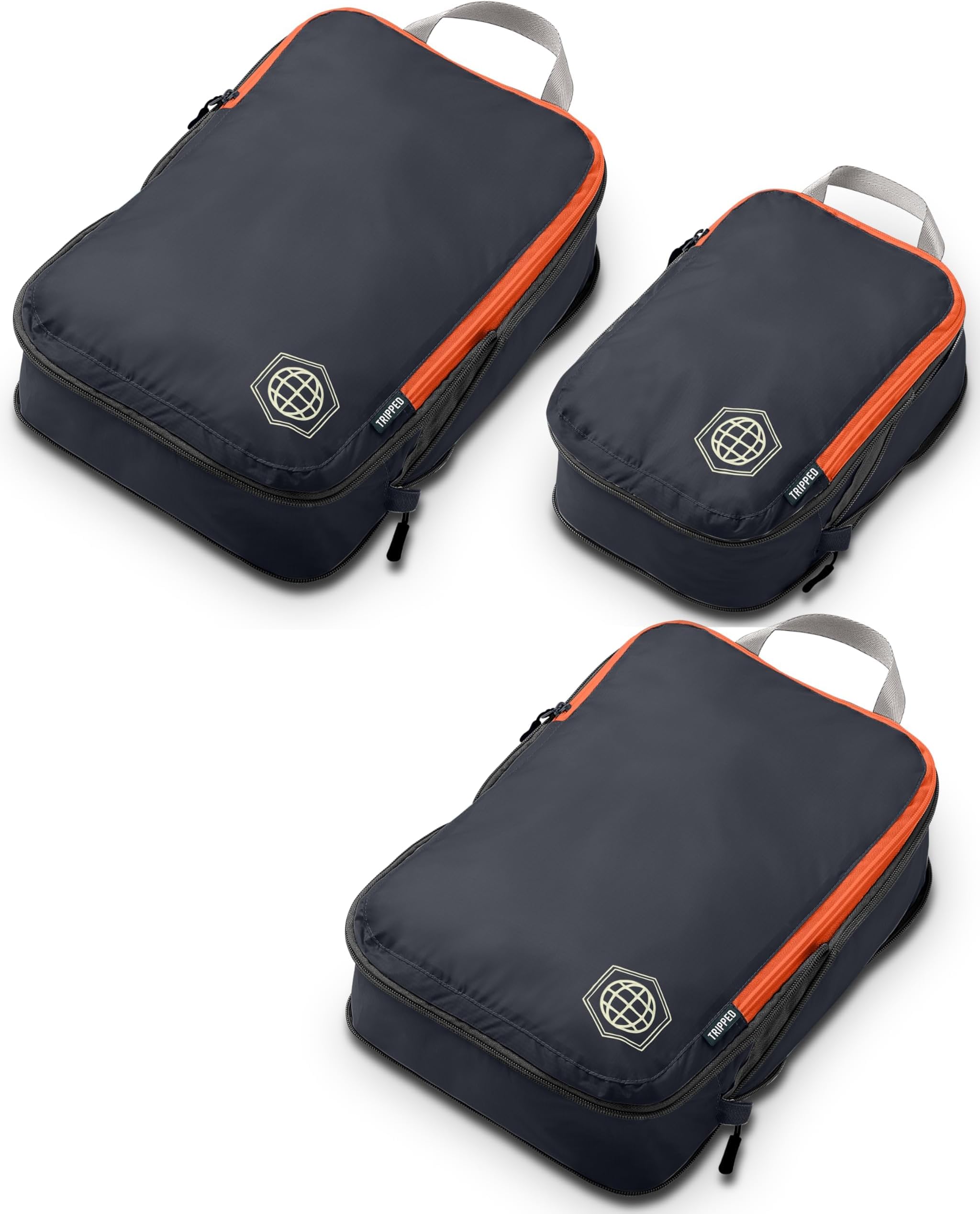 Compression Packing Cubes for Travel, 3-Piece Lightweight Packing Cubes Set for Carry-On Luggage & Backpacks – TRIPPED Travel Gear (Grey and Orange)