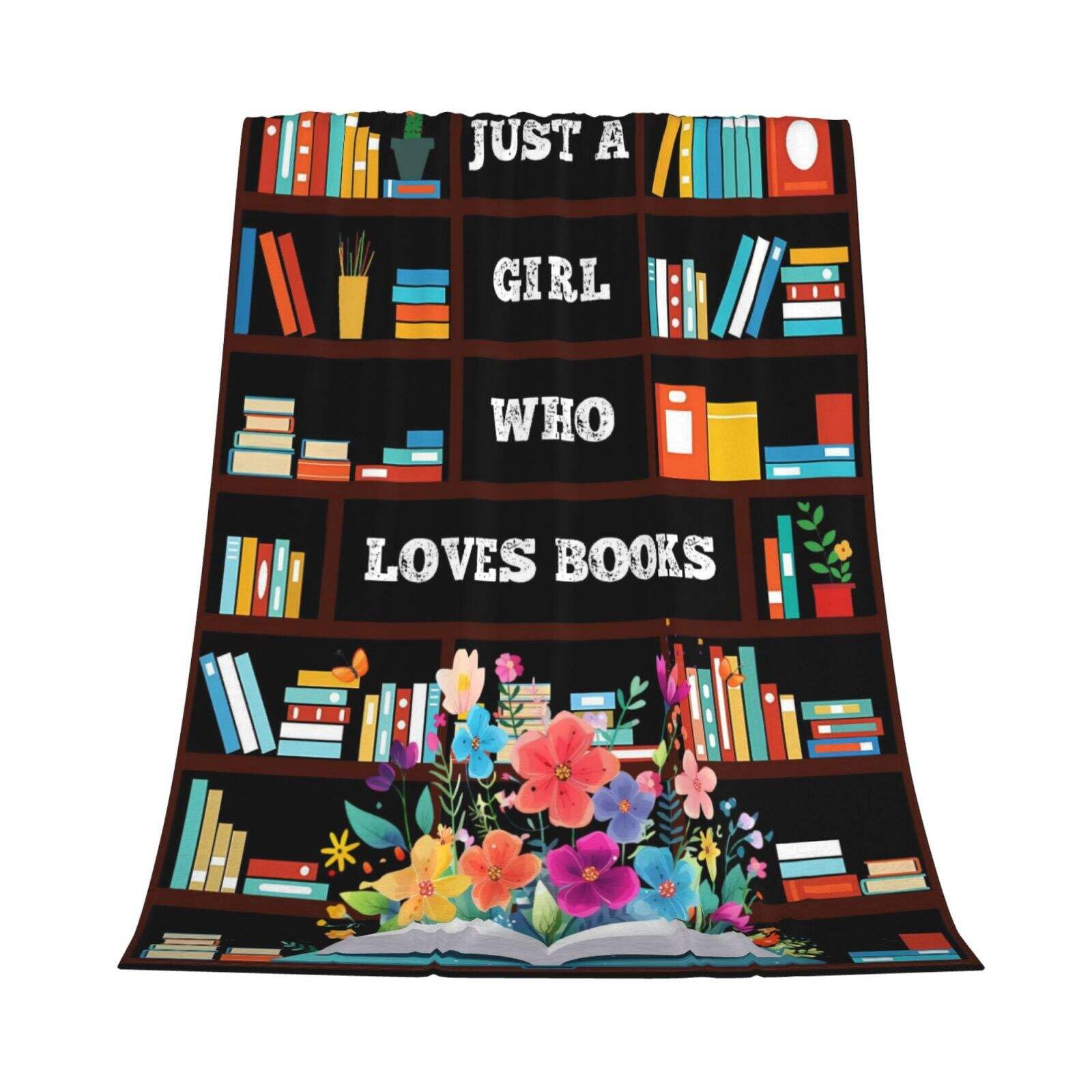 GardEssere Just A Girl Who Loves Books Blanket Throw Reading Graduation Gifts for Girls Flannel Blankets Cartoon Bookshelf Warm Soft Lightweight Throws for Sofa Bedding for Women Kids 100x130 CM