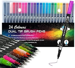 Colouring Pens for Adults Scherry Dual Tip Brush Pens 24 colours Felt Tip Coloured Art Pens for Adults, Kids Markers for Calligraphy Comic Lettering Journaling Painting Adult Colouring Fineliner Pens…