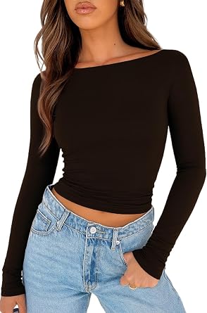ForeFair Long Sleeve Shirt for Women Going Out Top Crop Boat Neck Double Lined Basic T Shirts