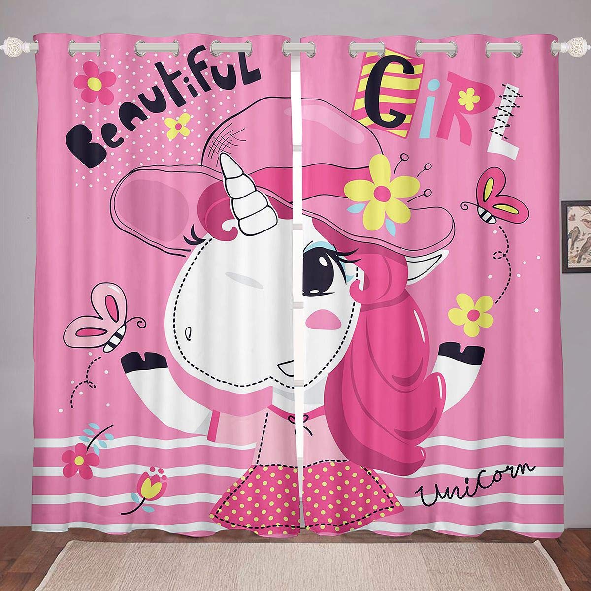 Homemissing Girly Cartoon Window Treatments Fantasy Unicorn Themed Window Drapes Magical Animal Curtain For Kids Adults Fairy Dreamy Window Curtain Ultra Soft Kawaii Pink Decor W46*L54 — image 1