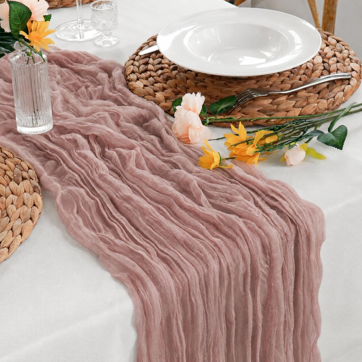 Cheesecloth Table Runner Dusty Pink,90x300cm(35"x118") Gauze Rustic Fabric Boho Table Runner for Wedding Bridal Baby Shower Birthday Festive Home Party Table Decorations