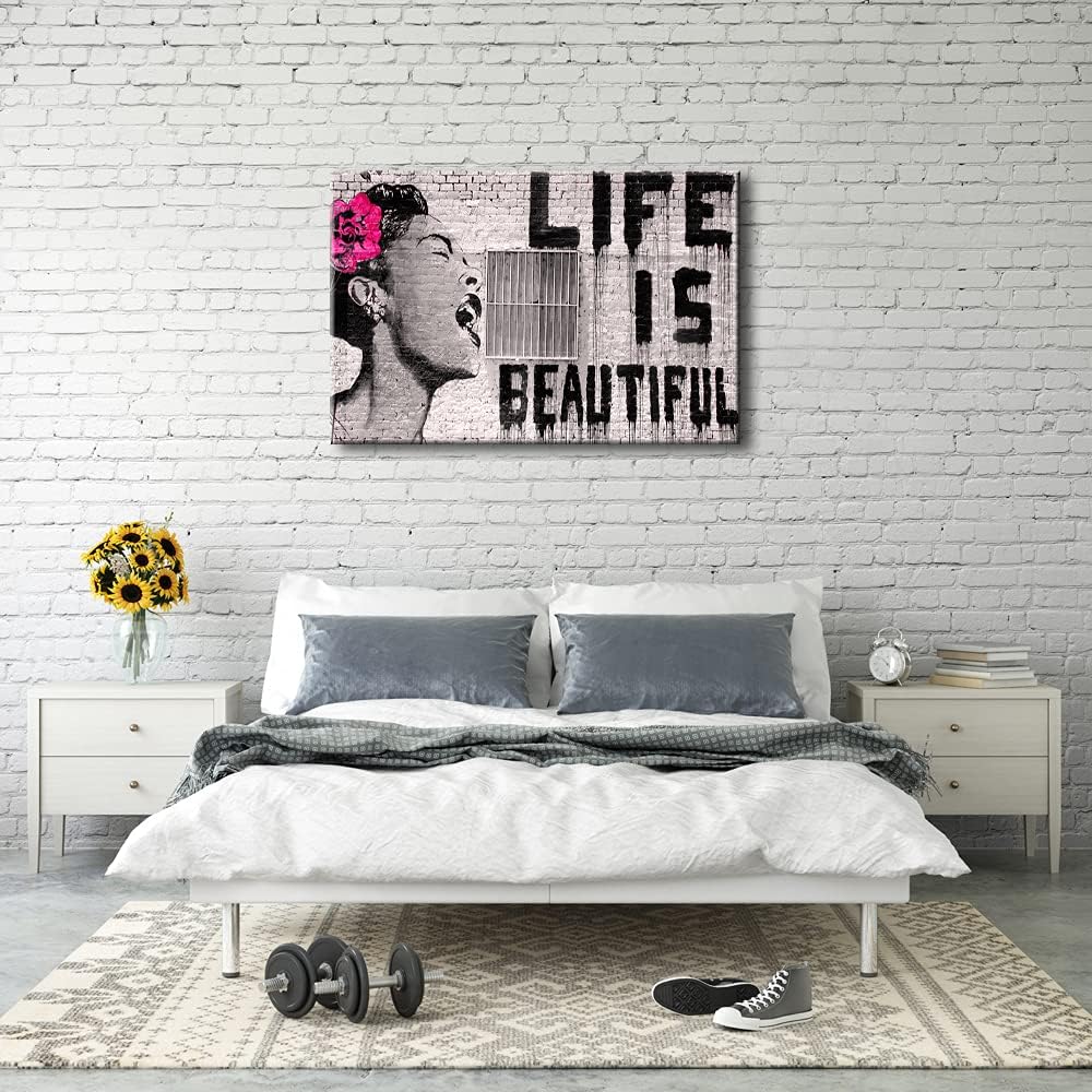 Pyradecor Large Banksy Life is Beautiful Artwork Modern Grey Love Pictures Paintings Canvas Wall Art for Bedroom Living Room Home Office Decorations