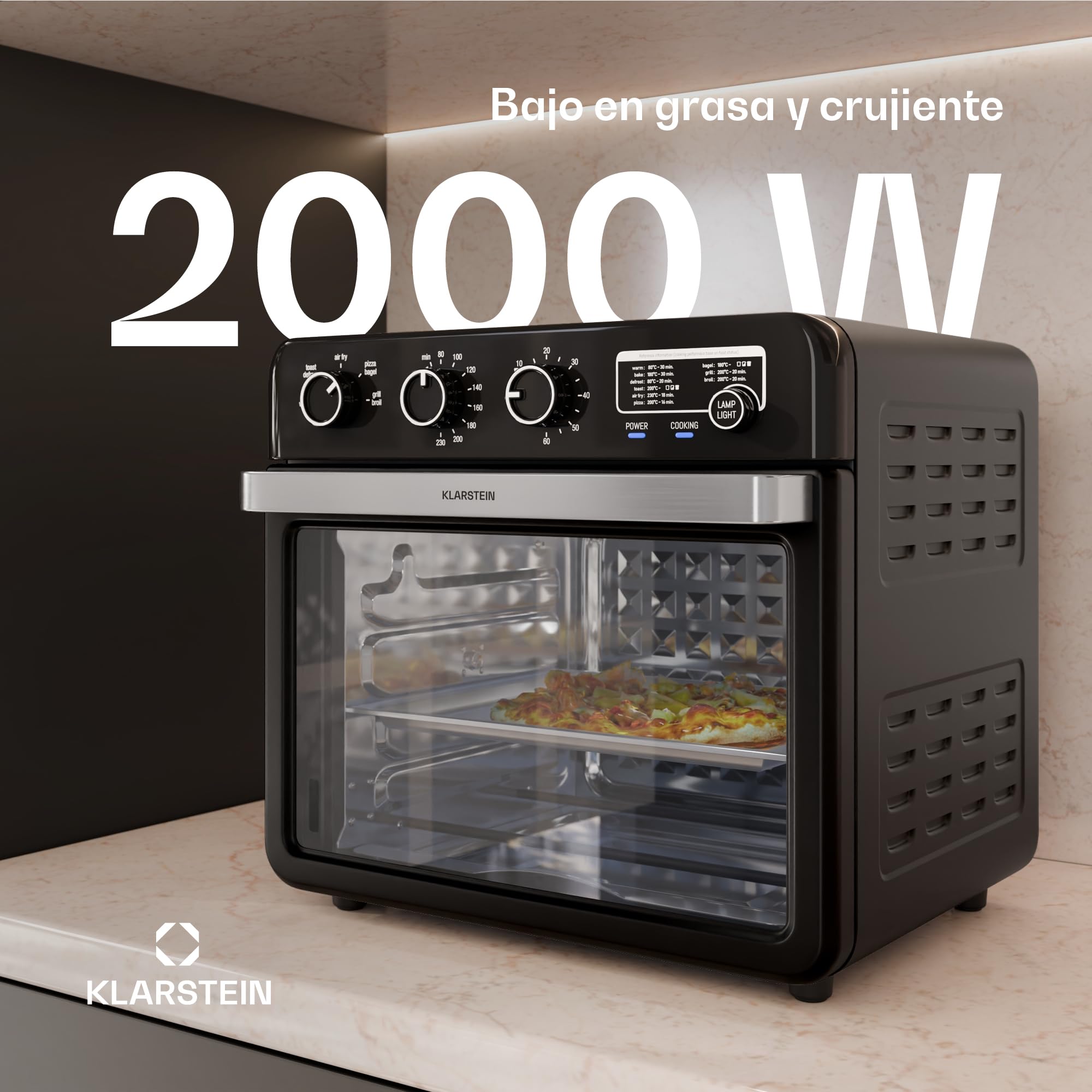 Klarstein AirGlaze Freidora De Aire – 34L, 2000W, 9 Programas, Control Giratorio, Ventana Panorámica, Accesorios Incluidos: Rejilla, Cesta, Bandeja & Asador, Negro