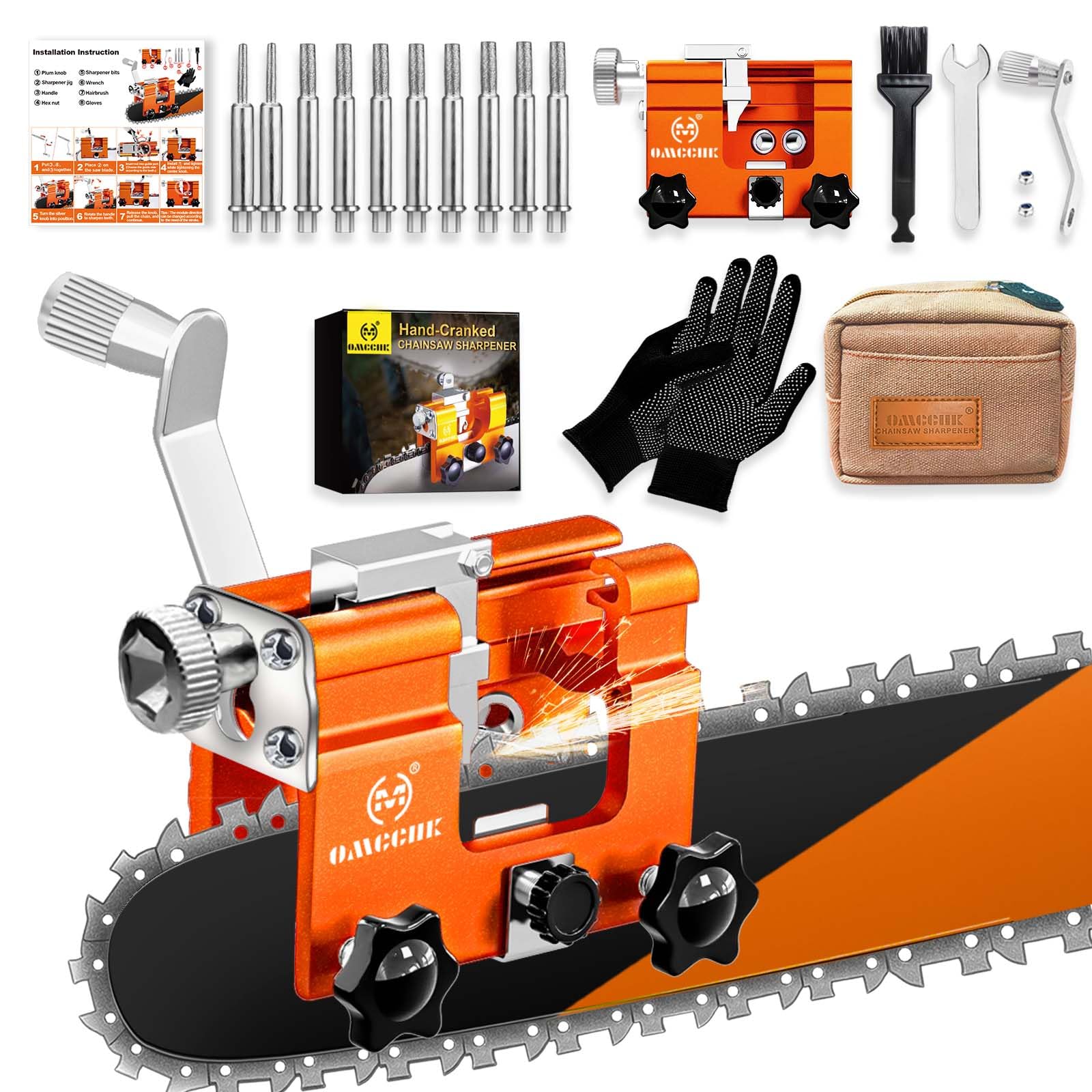 OMCCHK Chainsaw Sharpener Jig with Carry Bag, Complete with 10 Premium Sharpening Burrs, Multipurpose Blade Sharpener, Lightweight Sharpening Kit for 4"-22" Chain Saws.