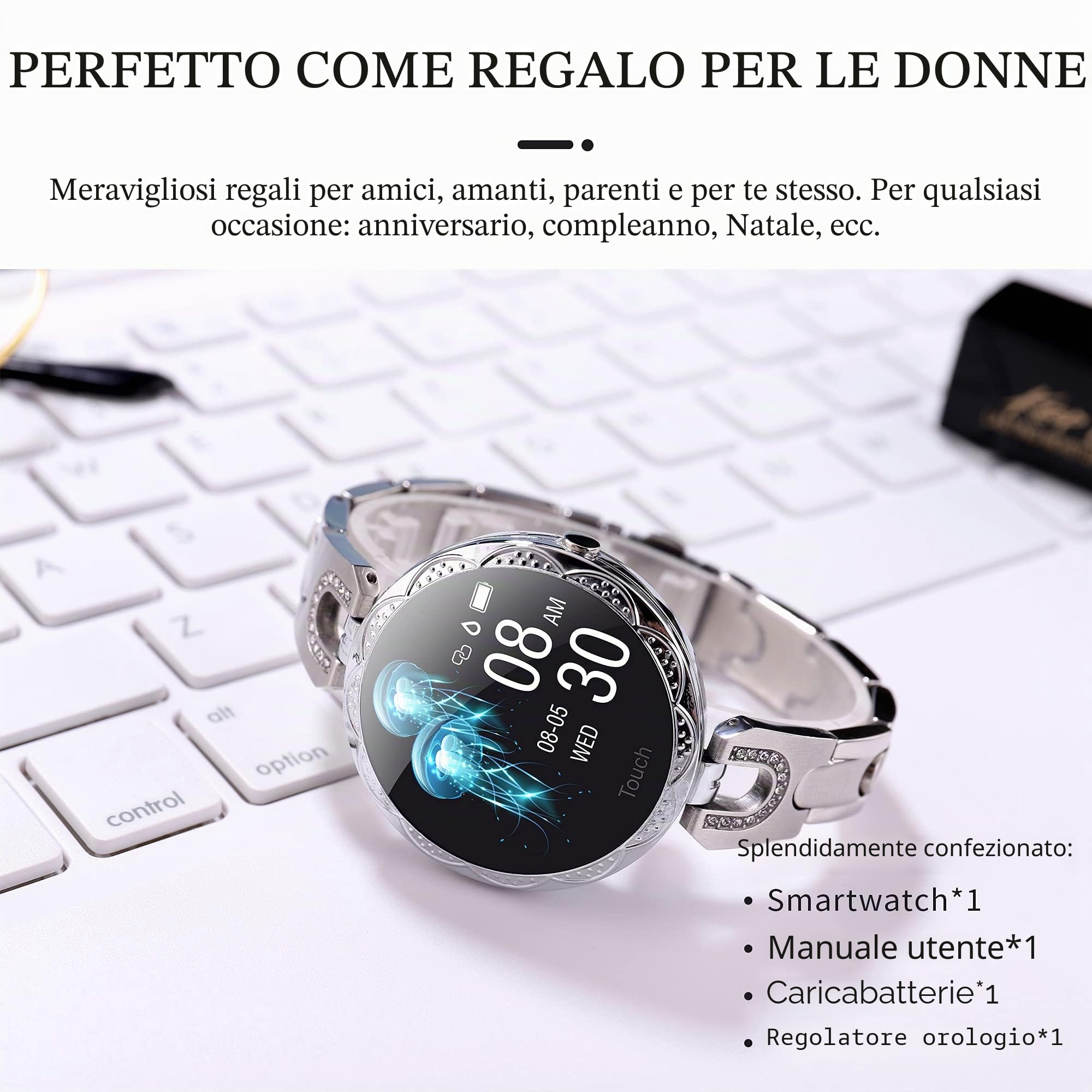 findtime Smartwatch Connesso per Donna in Acciaio Impermeabile con Monitor della Frequenza Cardiaca e Fitness per Android e iOS IP68