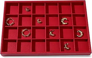 Leather Jewelry Trays 24 Grids Earrings Tray Jewelry Display Tray Stackable Ring Earring Organizer Tray Jewelry Trays For Drawers Rings Earrings Holder (Red)