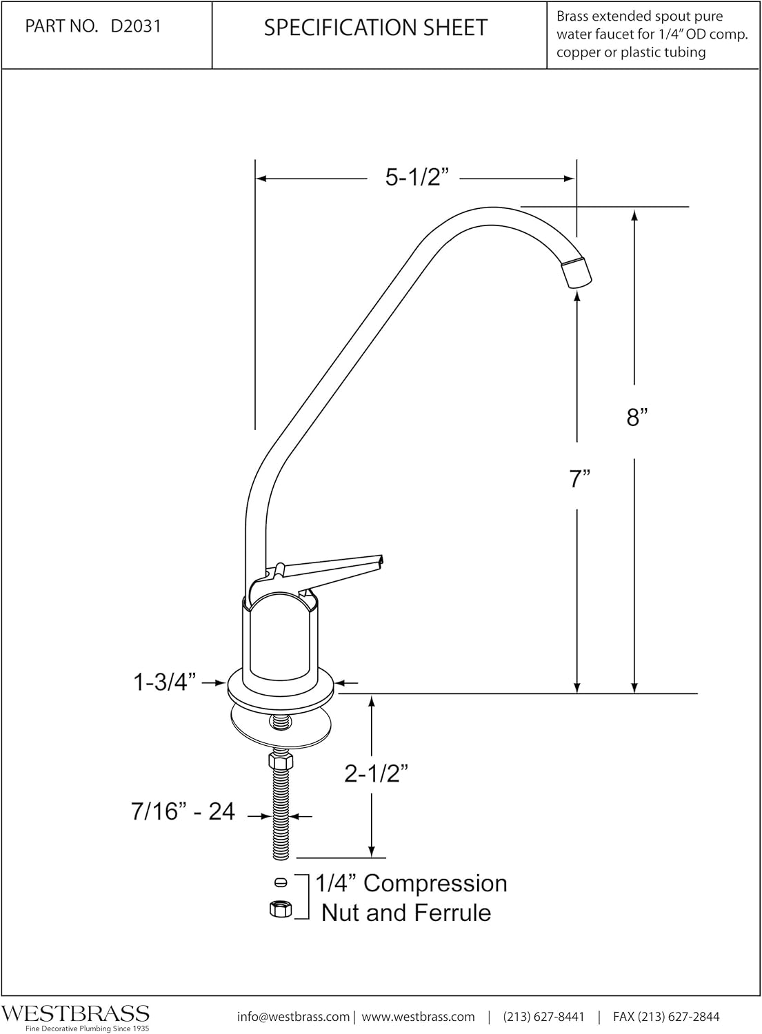 Westbrass D2031-NL-26 8" Touch-Flo Style Pure Cold Water Dispenser Faucet, Polished Chrome