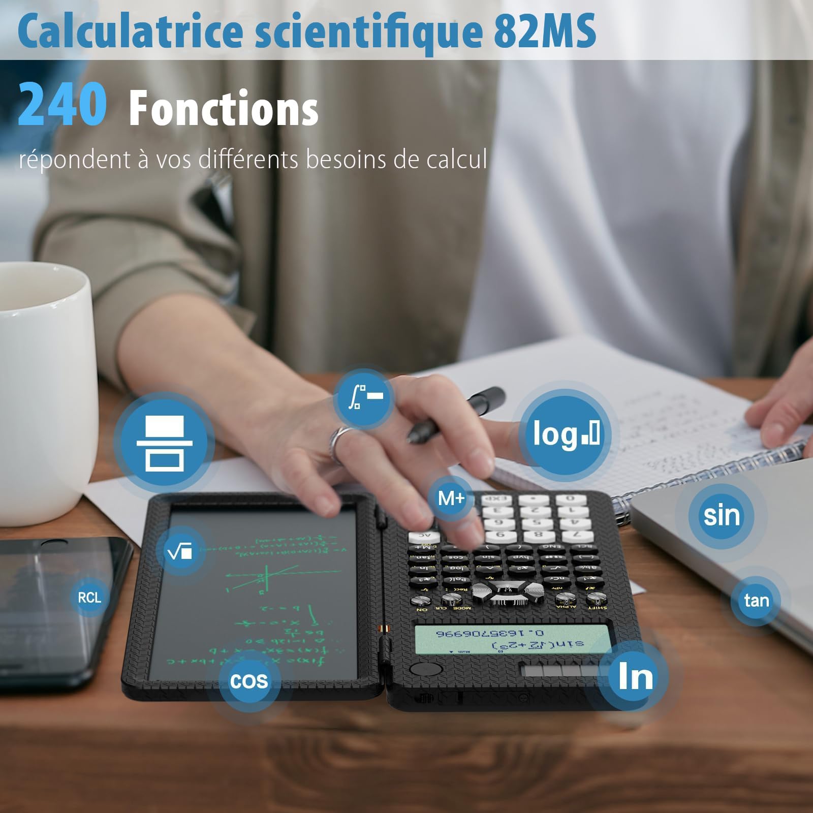 Calculatrice scientifique ROATEE 82MS Plus avec tablette d'écriture LCD effaçable, double alimentation solaire et batterie