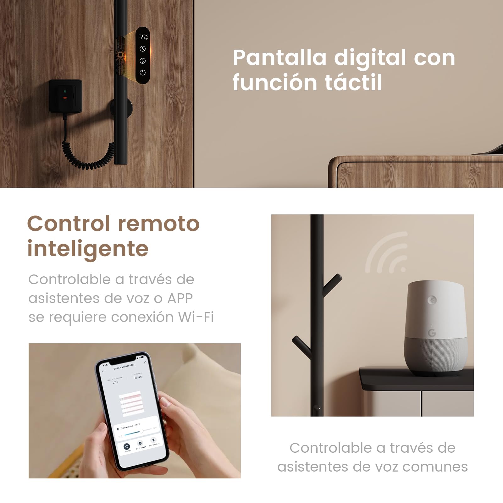 EMKE Toallero Eléctrico de baño, Diseño de toallero eléctrico con Barra, Control de Temperatura Inteligente, toallero Calefactor con 6 Ganchos, Negro
