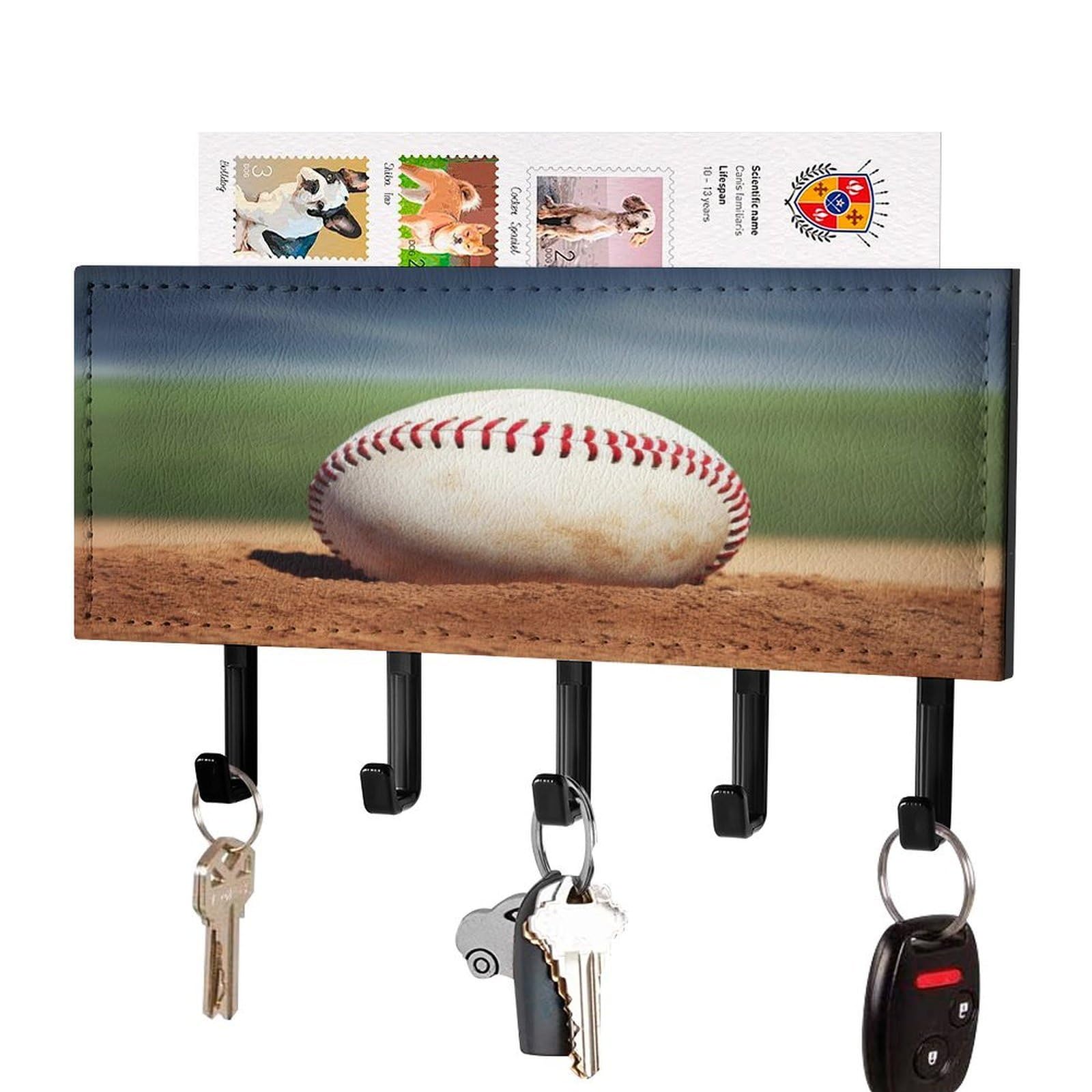 FekiLoot Baseball Key Holder for Wall Decorative Mail Organizer with 5 Key Hook Self Adhesive Key Rack with Tray Coat Rack Wall Mount Key Hanger Decor for Entryway Door