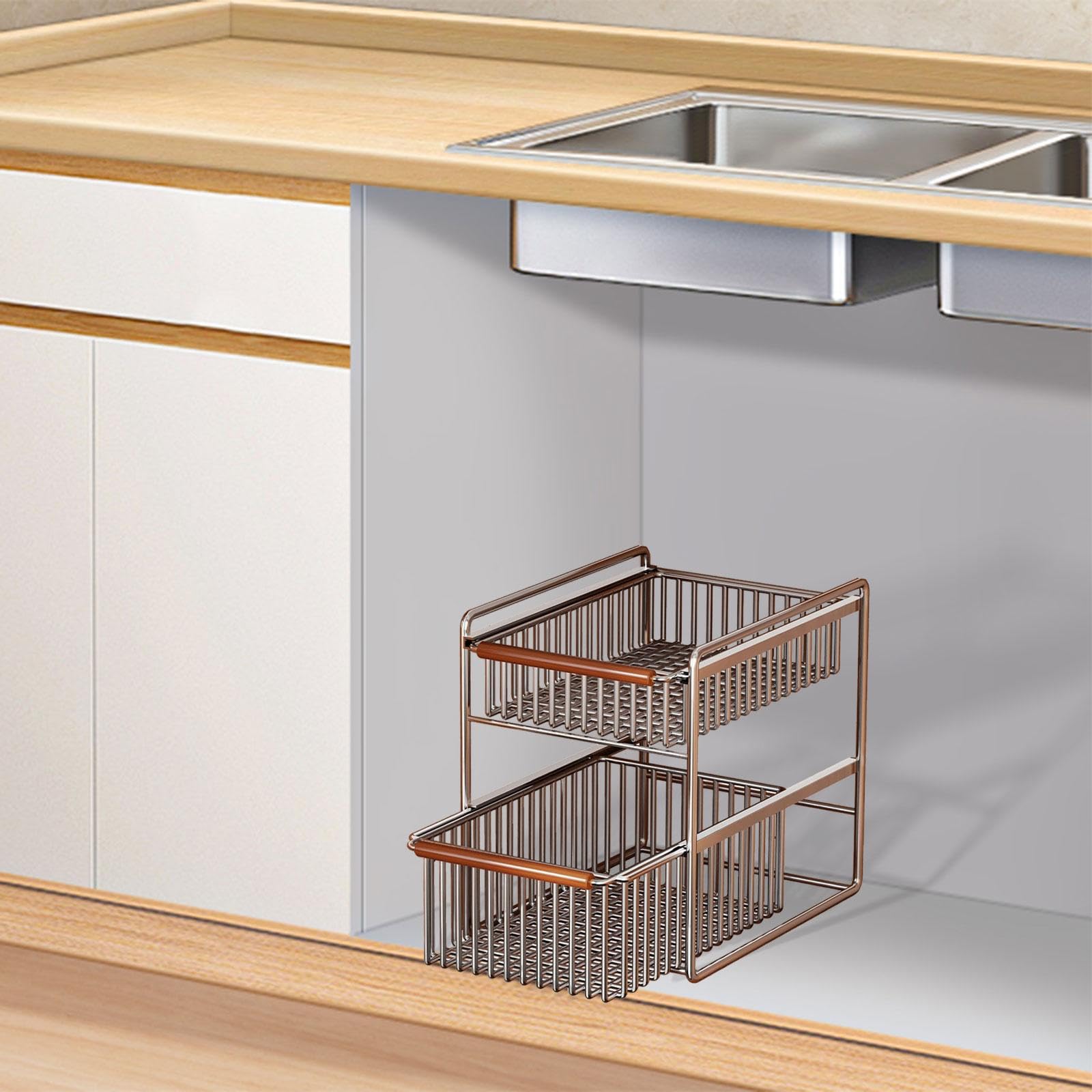 Fenteer Cesta de Almacenamiento Bajo Fregadero Organizador Deslizante Soporte de Armario Estante para Despensa de 2 Niveles con Diseño Ventilado de Acero Ade, tal como se describe, Pequeño