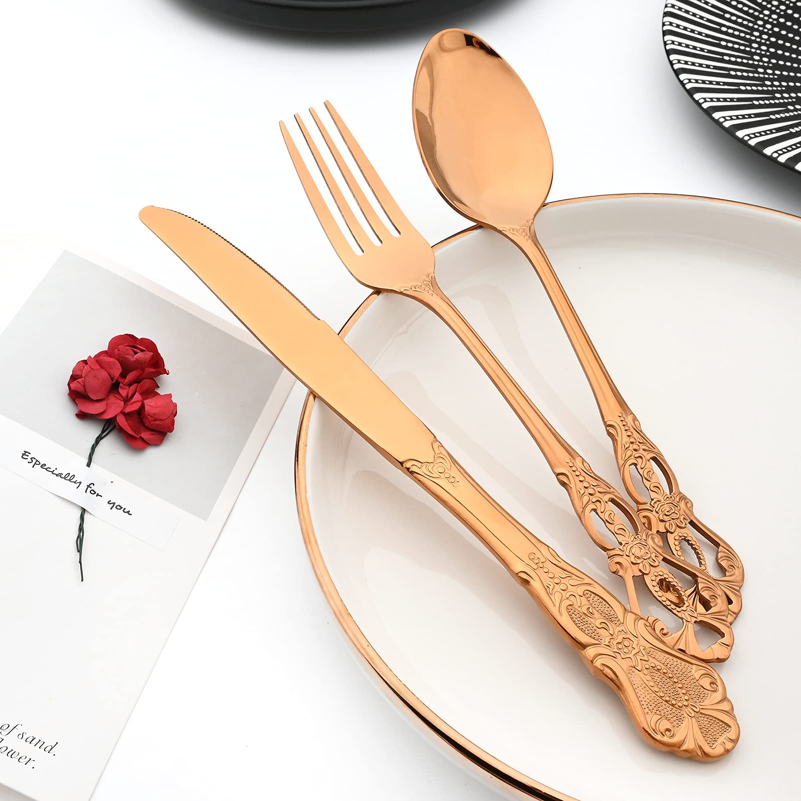 Royal - Vajilla de 24 piezas con espejo de oro rosa, de acero inoxidable 18/10 para 6 vajillas, ideal para bodas, restaurantes, lavaplatos