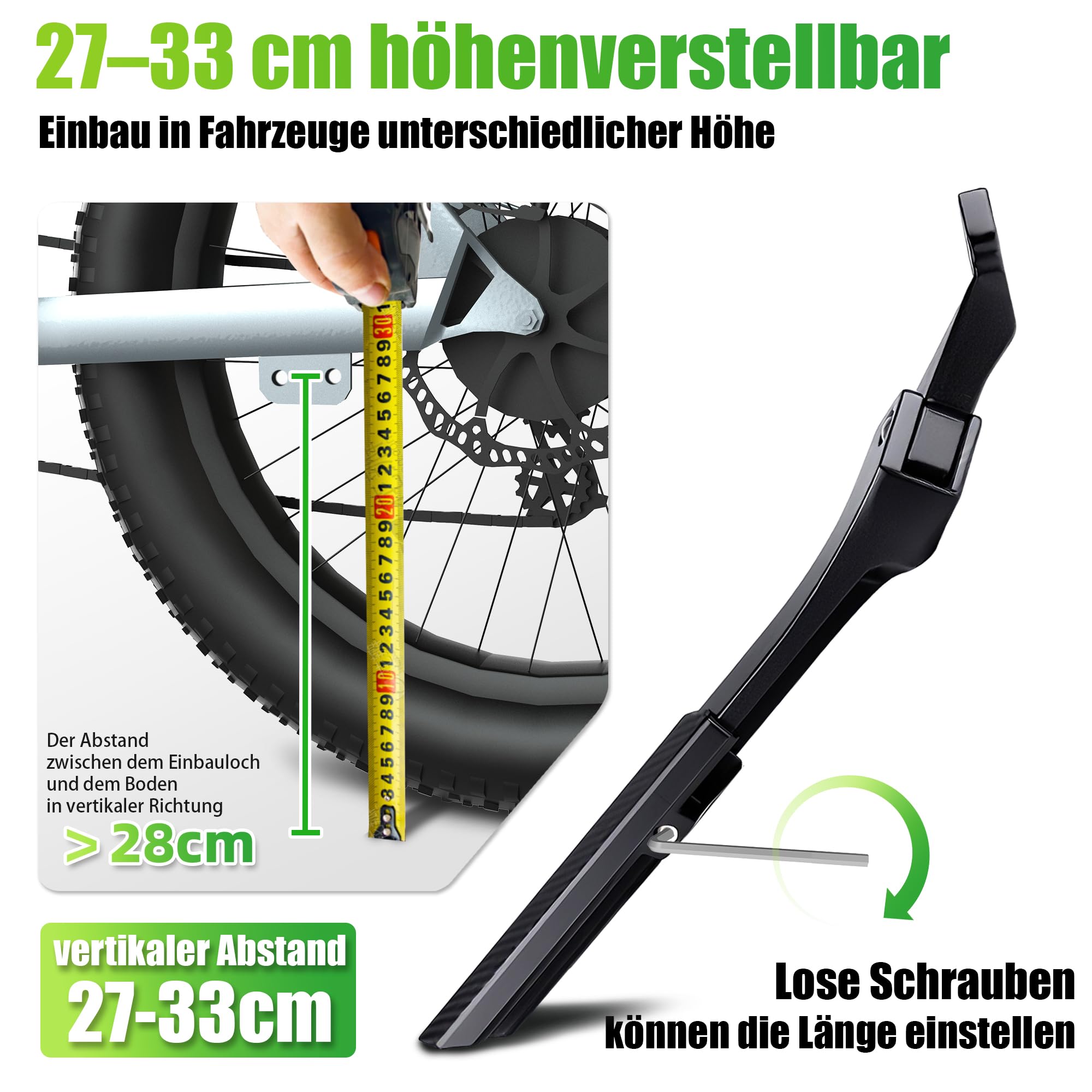 RBRL E-Bike Fahrradständer (Hinterrad) – Mit 2 Löchern 40 mm, Höhenverstellbar 27–33 cm, 85 kg Tragkraft, Extra Stabiler Aluminium Seitenständer für 26–29 Zoll