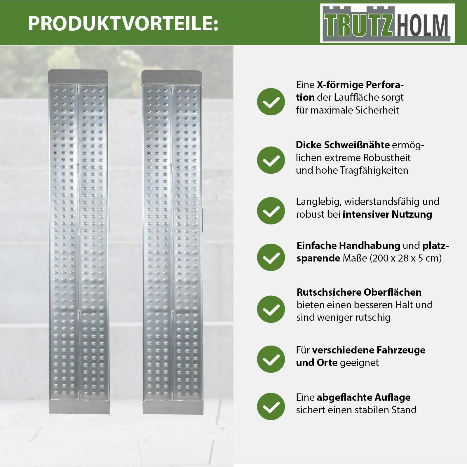 TRUTZHOLM 2 x Auffahrrampen 200 x 28 cm 540 kg als Paar 270 kg Stück Alu gelocht starr grau Verladerampen Motorradrampen