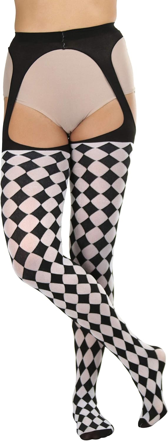 ToBeInStyle Women's Harlequin Checkered Diamond Optical Illusion Opaque Tights Pantyhose - Black & White
