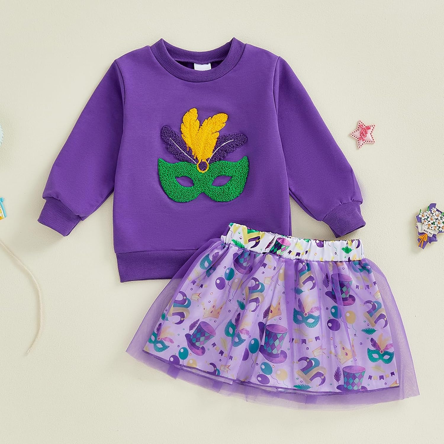BemeyourBBs Kids Toddler Girl Mardi Gras Outfit Crewneck Sweatshirt Tutu Skirts Set 2 Piece Cute Little Girl Clothes - Image 4