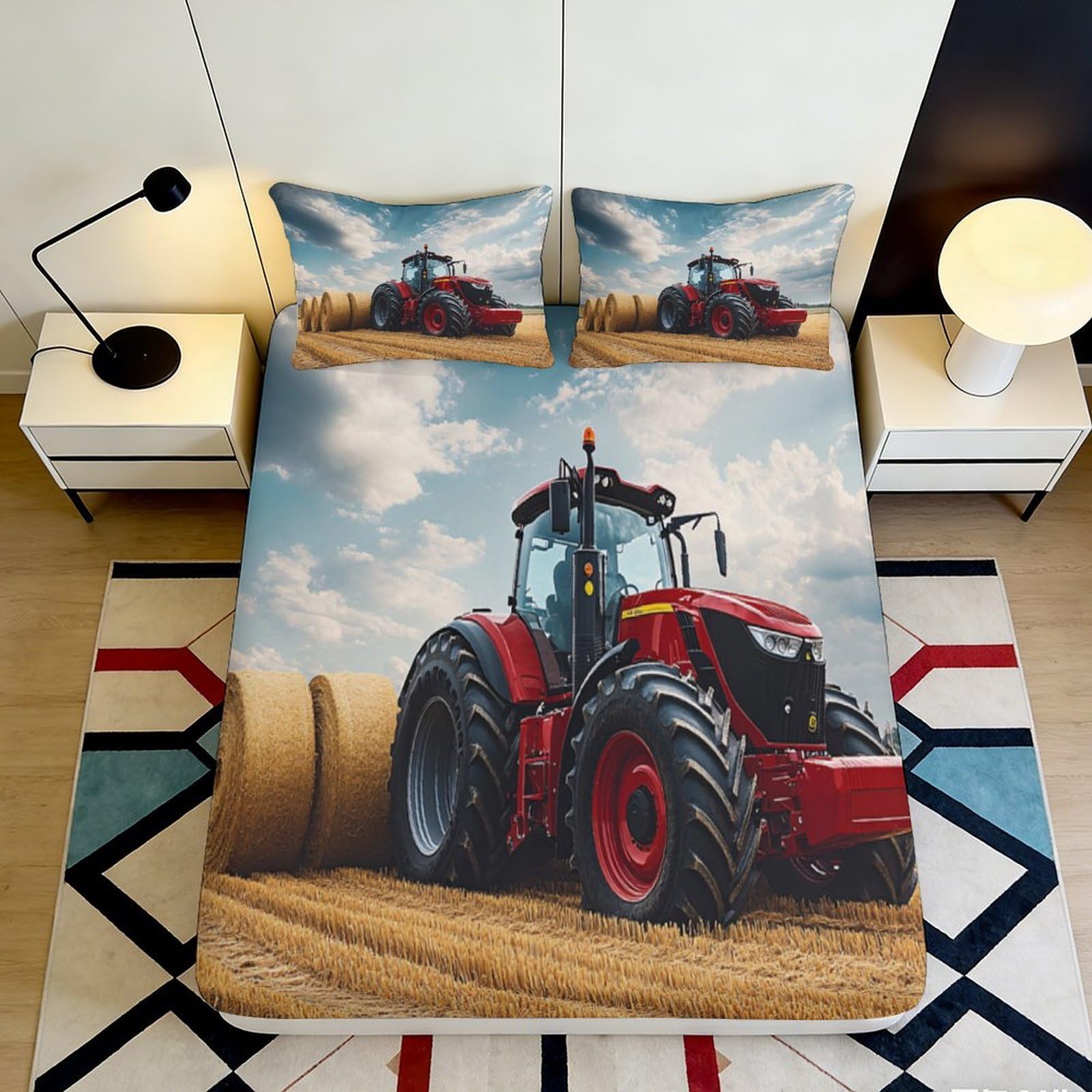 3D Printed Red Tractor Fitted Sheet Microfiber Anti-Slip Farm Field Bed Cover for Bedroom Guestroom Decor 90x200x25cm