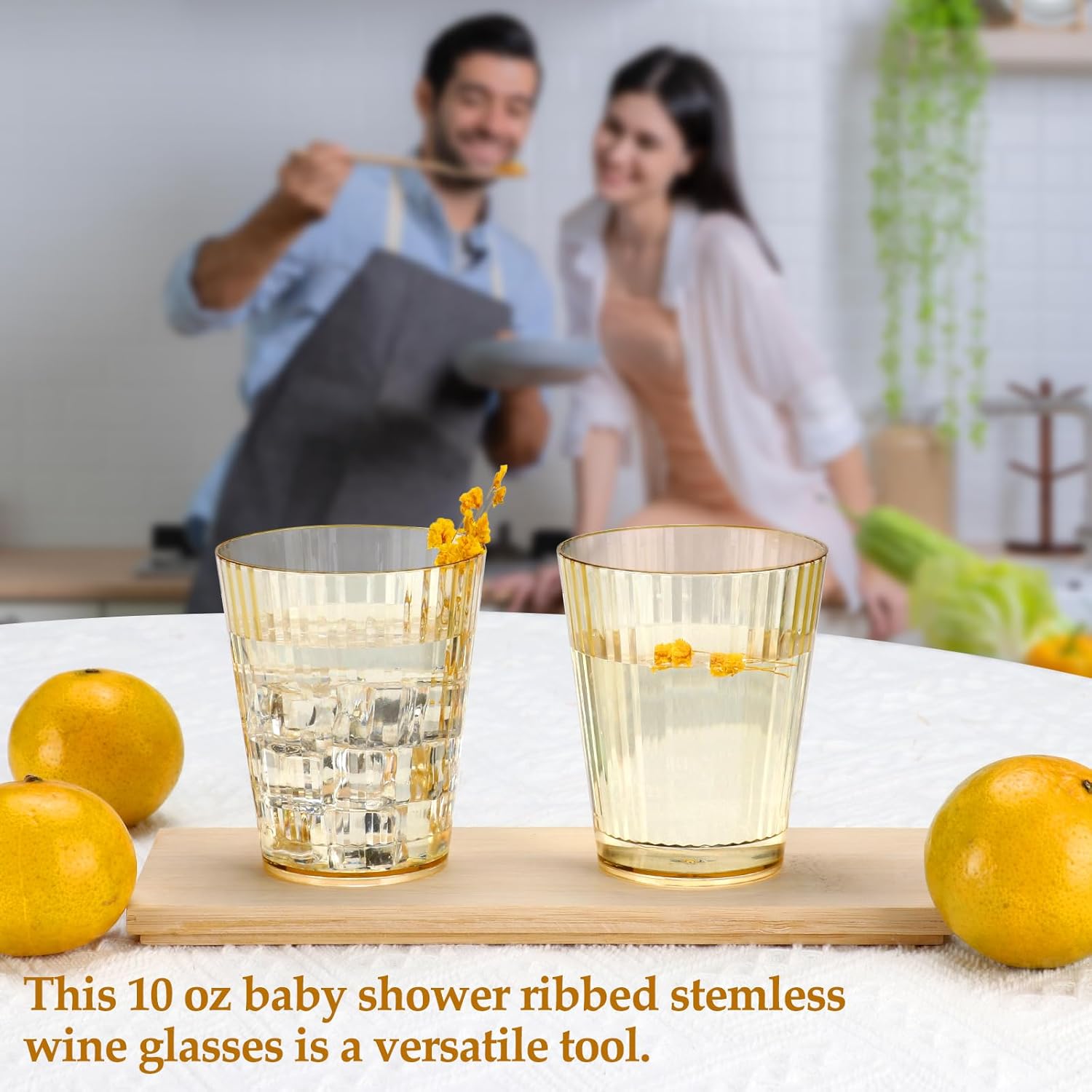 24 PCS Plastic Ribbed Drinking Glasses 10oz Gold Unbreakable Vintage Ripple Stemless Wine Glasses Cocktail Tumbler Glass Cups Disposable Retro Glasses Drinkware for Christmas New Year Anniversary
