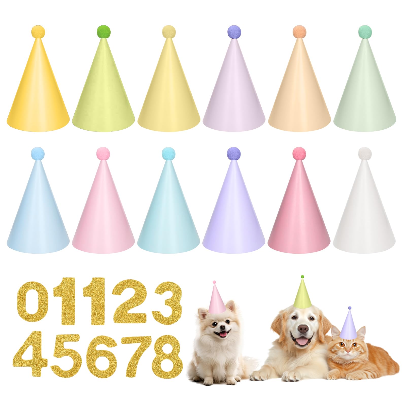 12PCS Mini Party Hats for Toy Animals,Colorful Small Birthday Hats with Pom Poms,for Dogs Cats Pet Teddys Bear Stuffed Animals Toy,with 0-9 Numbers